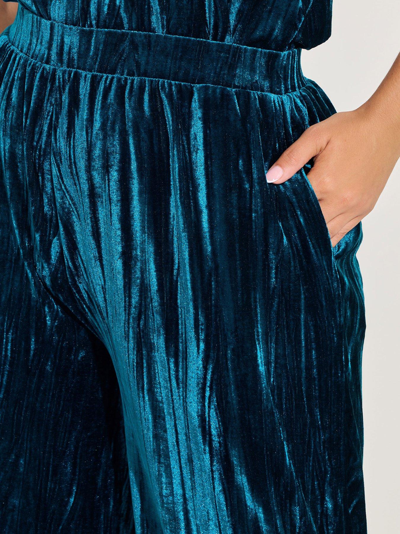 Image 4 of 4 of Yours Curve Crushed Velour Wide Leg Trouser - Blue