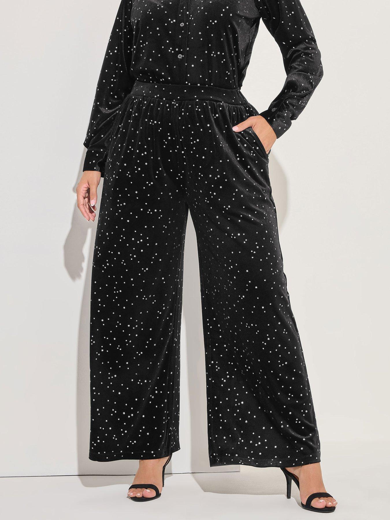 Yours Curve Velour Star Wide Leg Trouser - Black