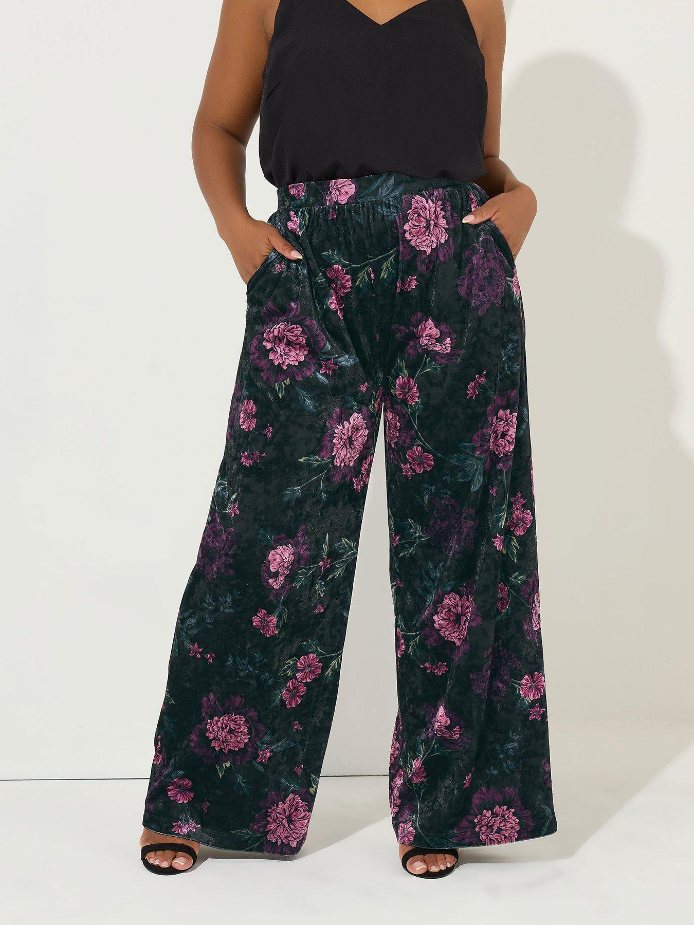 Yours Curve Velour Floral Trouser - Black