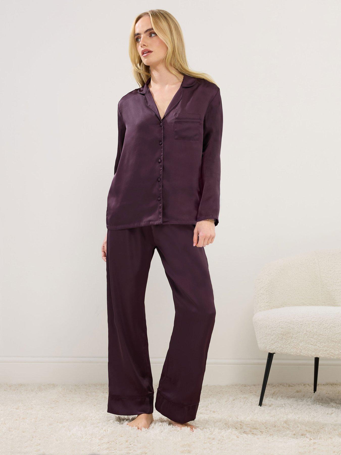 PixieGirl Petite Satin Button Pyjama Set - Burgundy Red