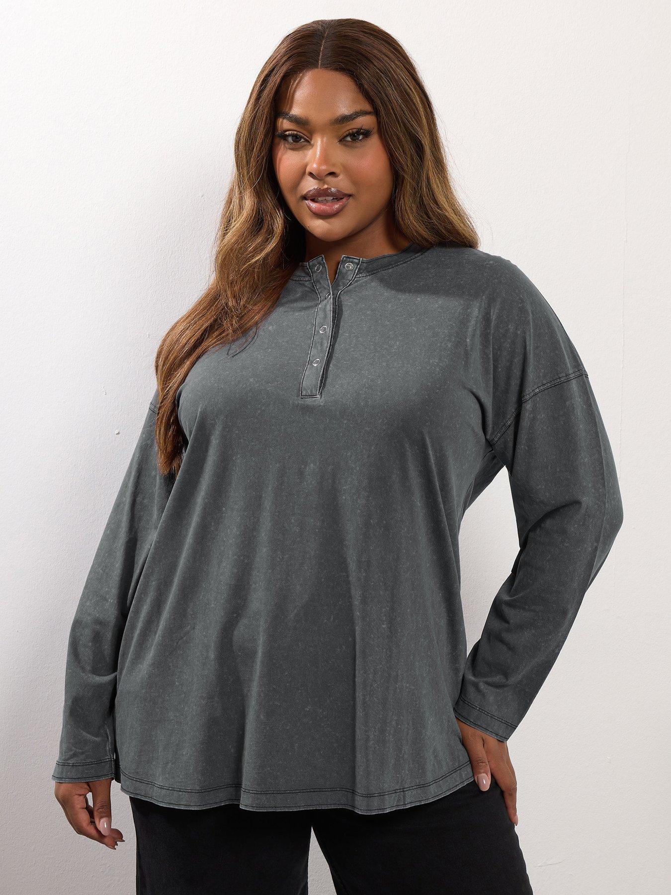 Yours Curve Acid Wash Henley Top - Grey