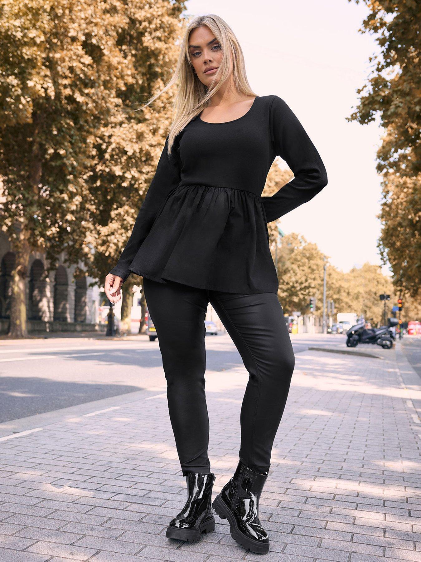 Yours Curve Long Sleeve Ribbed Mixed Peplum Top - Black
