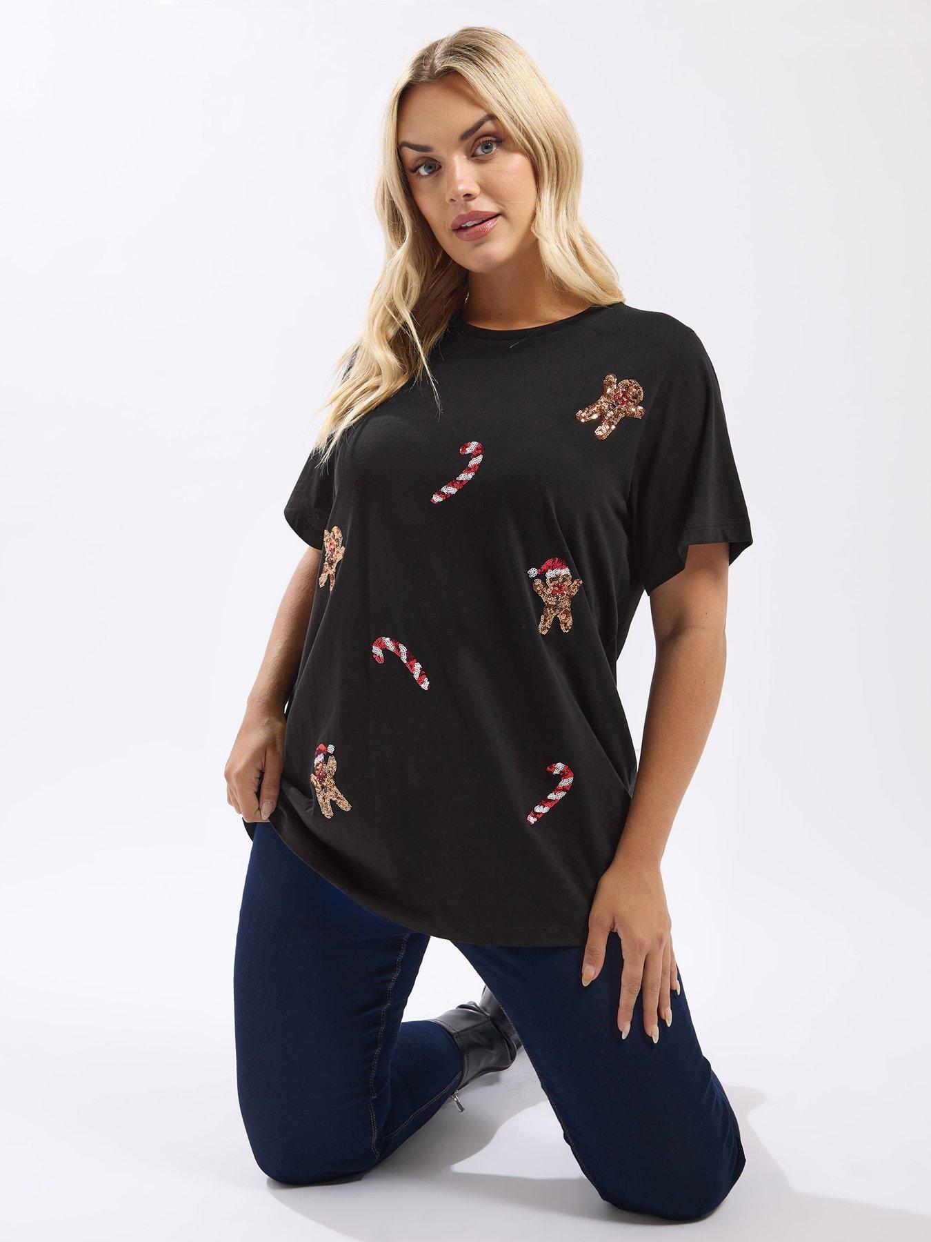 Image 4 of 4 of Yours Curve Short Sleeve Sequin Novelty T-Shirt - Black