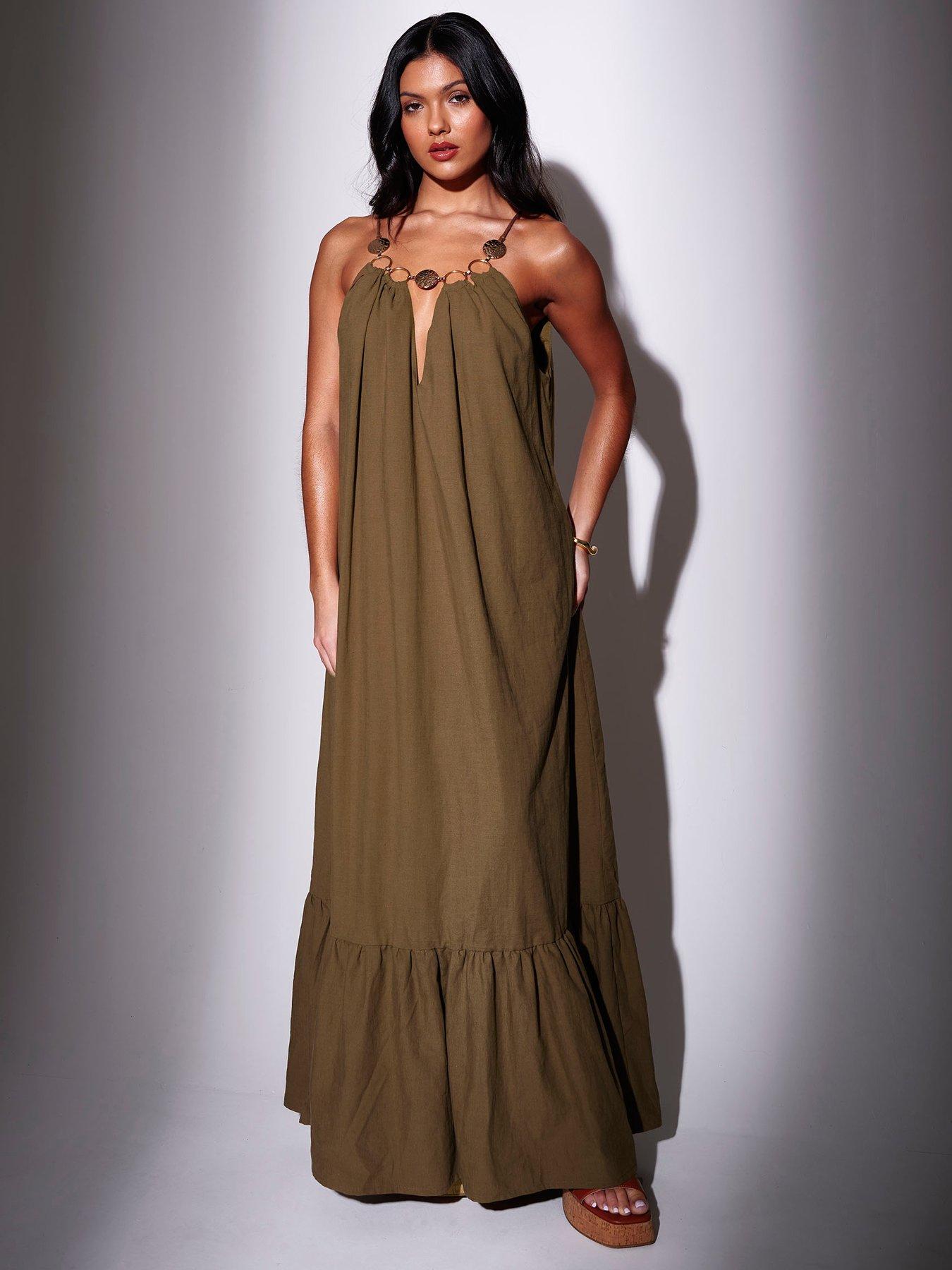 South Beach Metallic Ring Detail Maxi Dress - Khaki Green