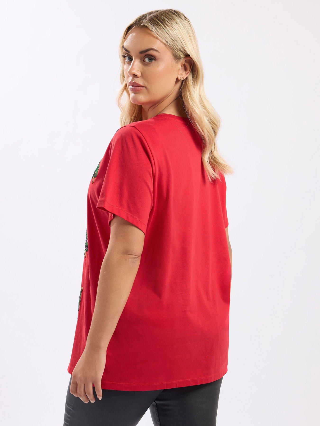 Image 2 of 4 of Yours Curve Short Sleeve Sequin Novelty T-Shirt - Red