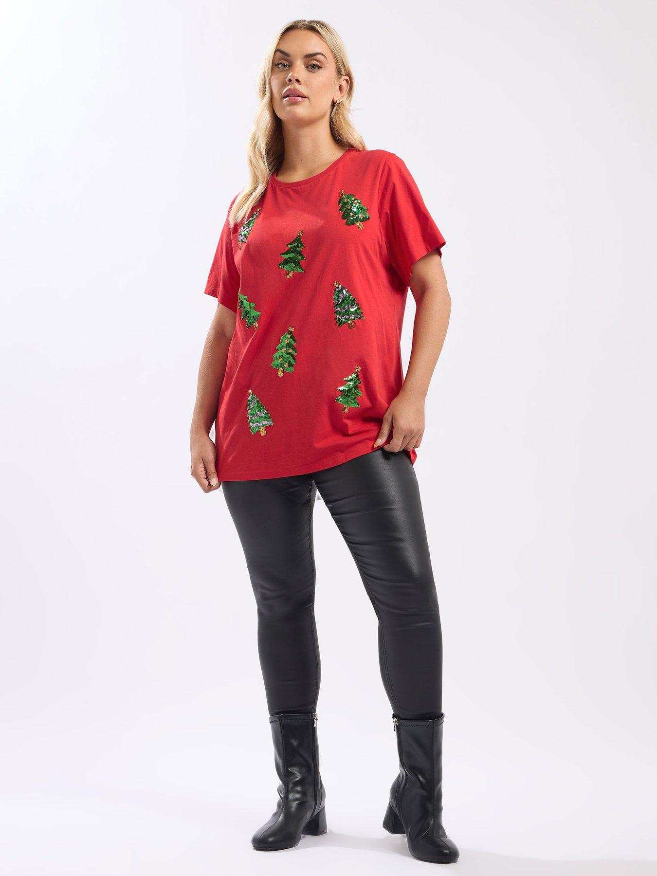 Image 3 of 4 of Yours Curve Short Sleeve Sequin Novelty T-Shirt - Red