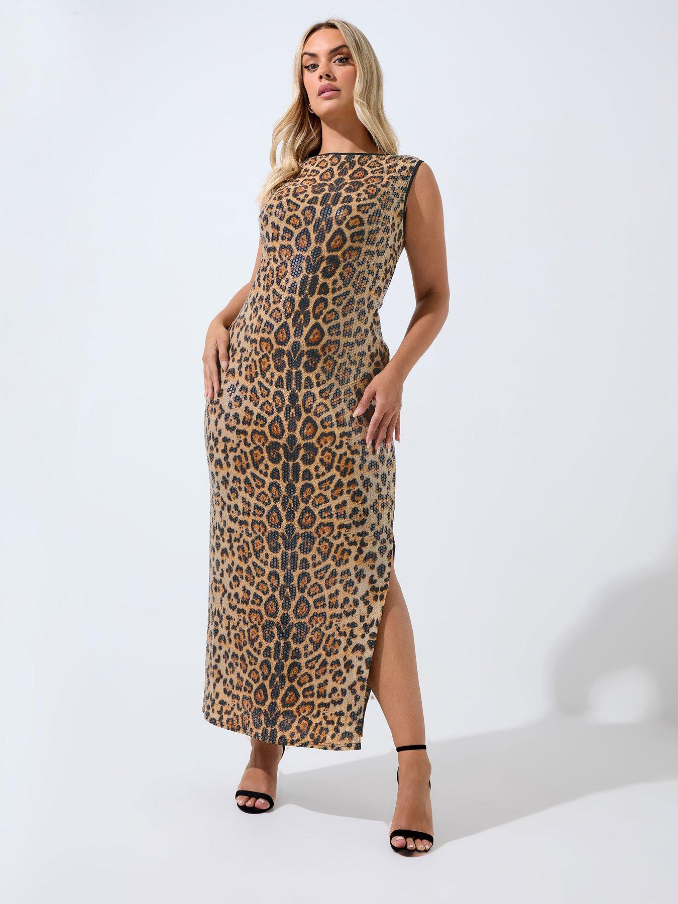 Yours Curve Leopard Sequin Dress - Brown