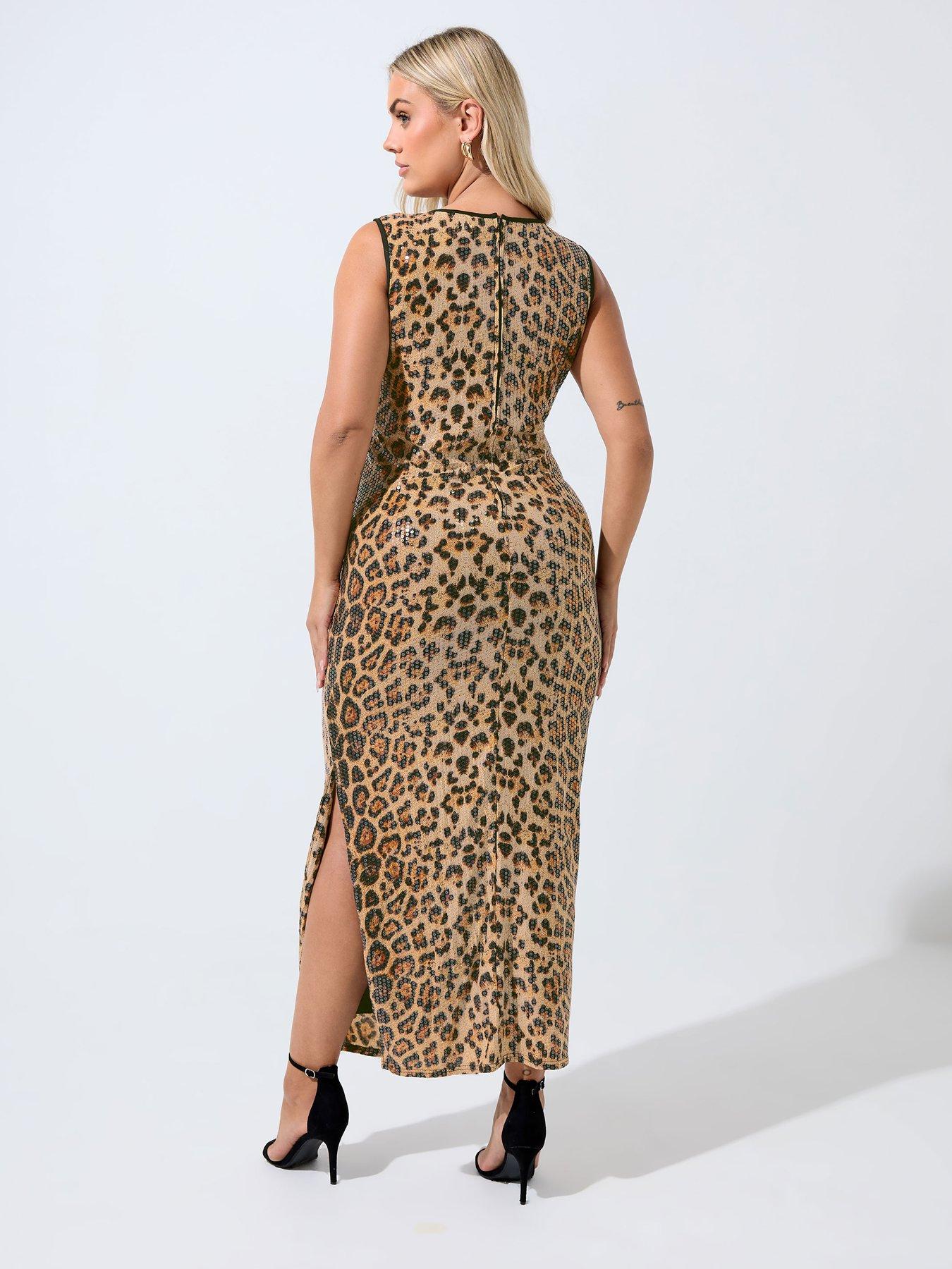 Image 2 of 4 of Yours Curve Leopard Sequin Dress - Brown