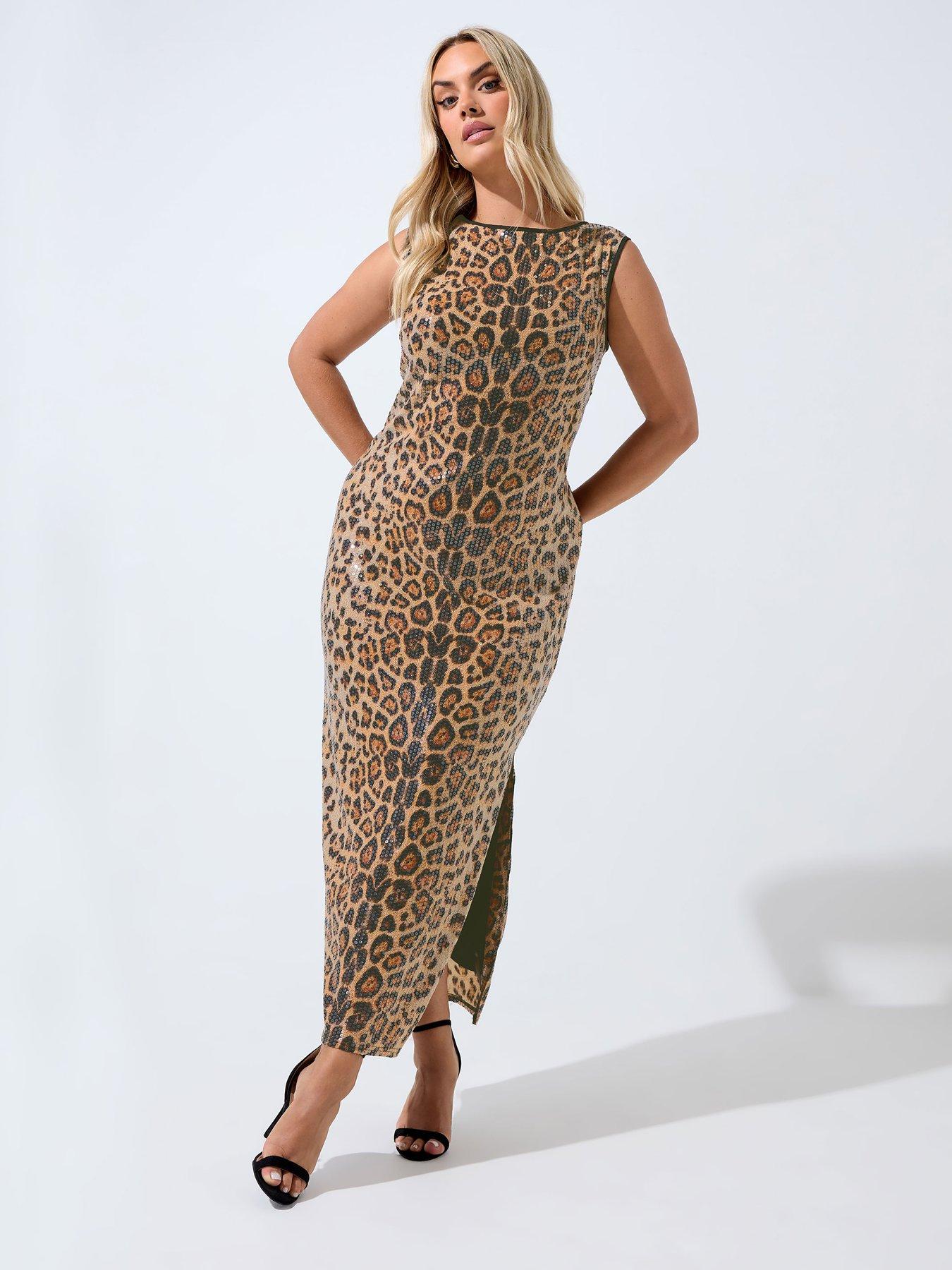 Image 3 of 4 of Yours Curve Leopard Sequin Dress - Brown