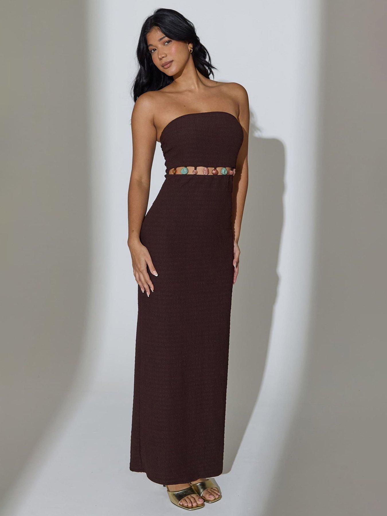south-beach-crinkle-bead-detail-waist-bandeau-maxi-dress-brown