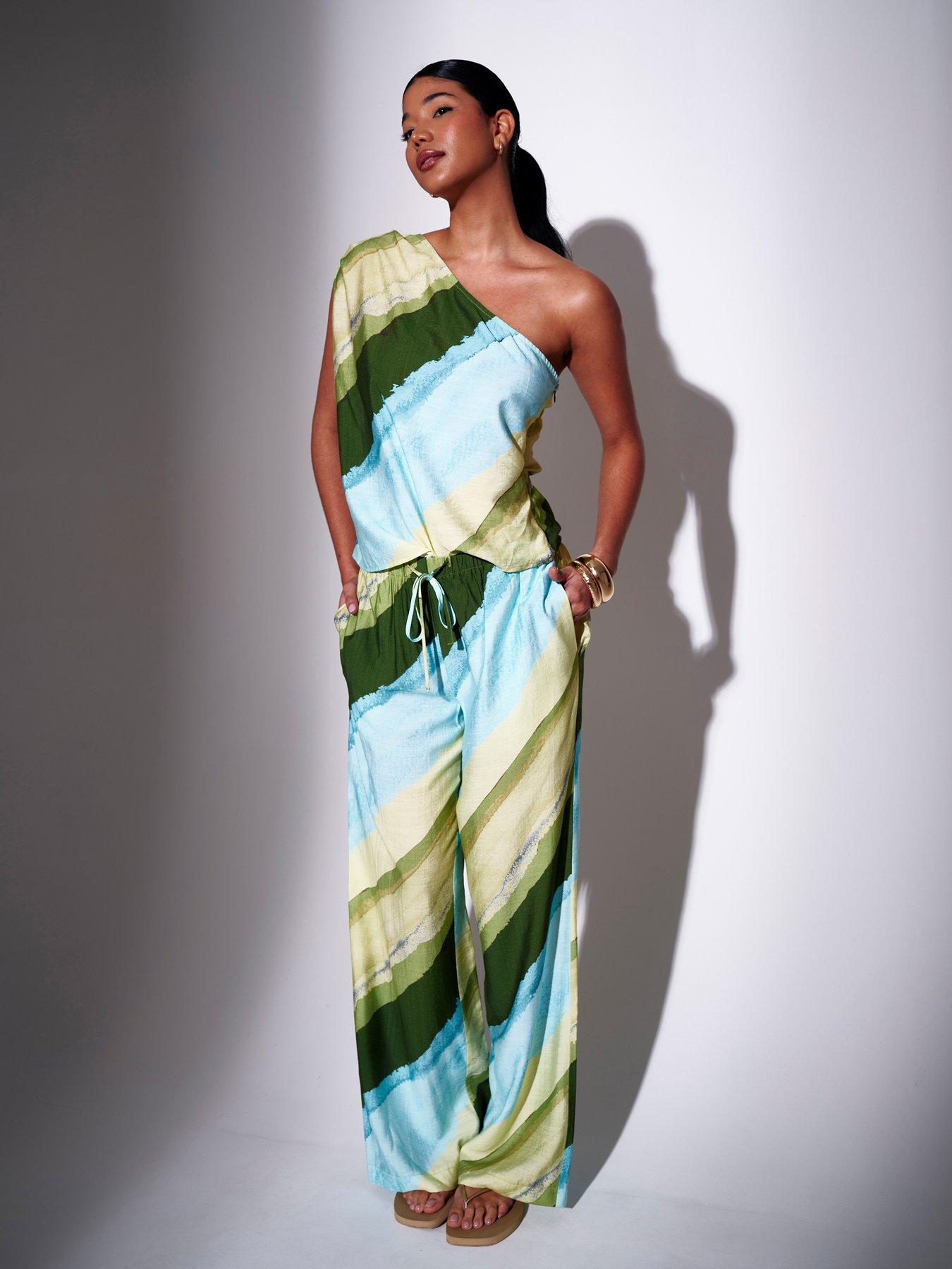 South Beach Asymmetric Stripe Wide Leg Trousers - Multi