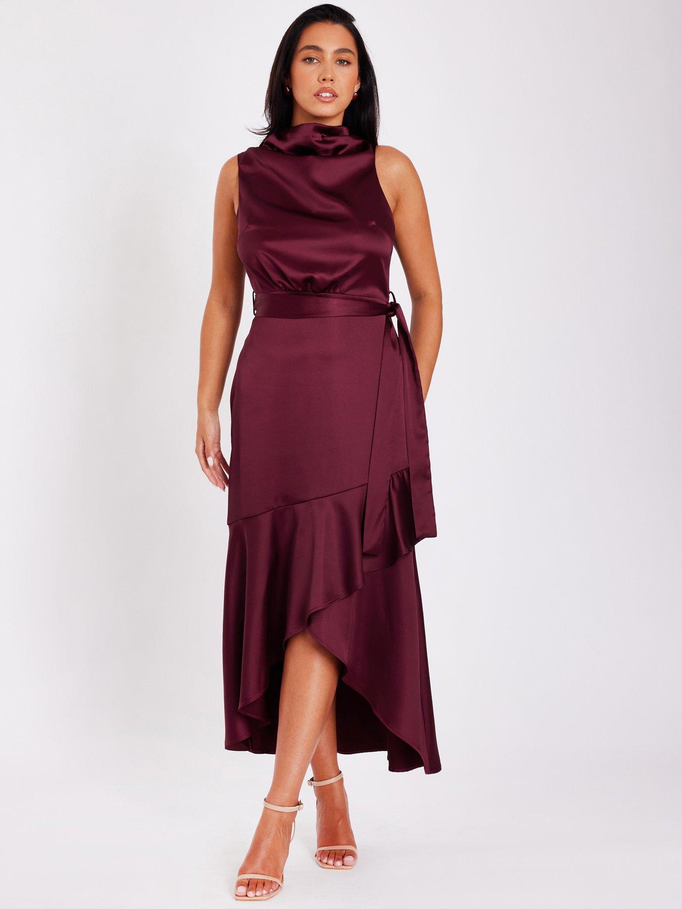 Quiz Dark Red Satin Dip Hem Midaxi Dress