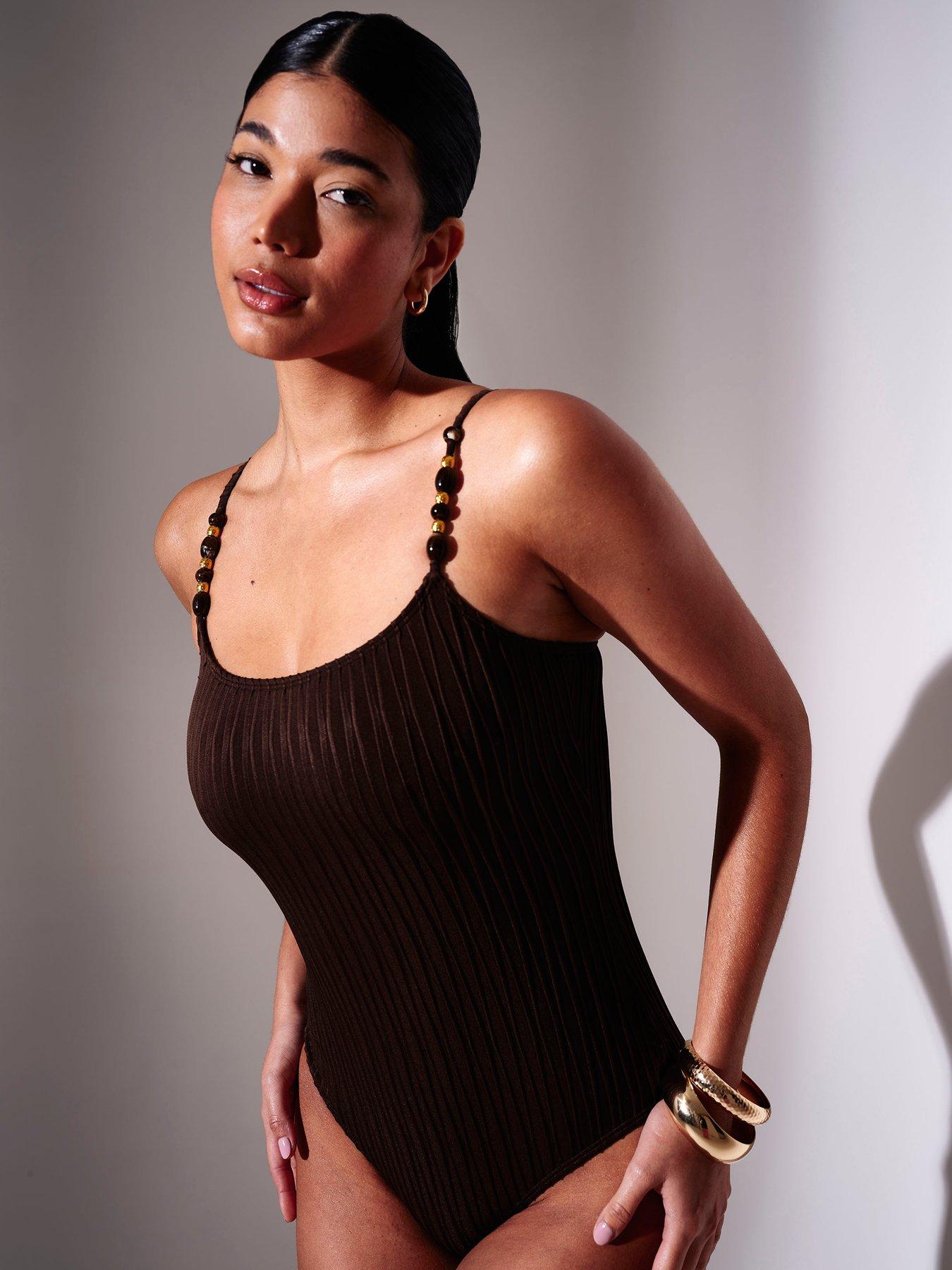  image of south-beach-crinkle-swimsuit-bead-strap-brown