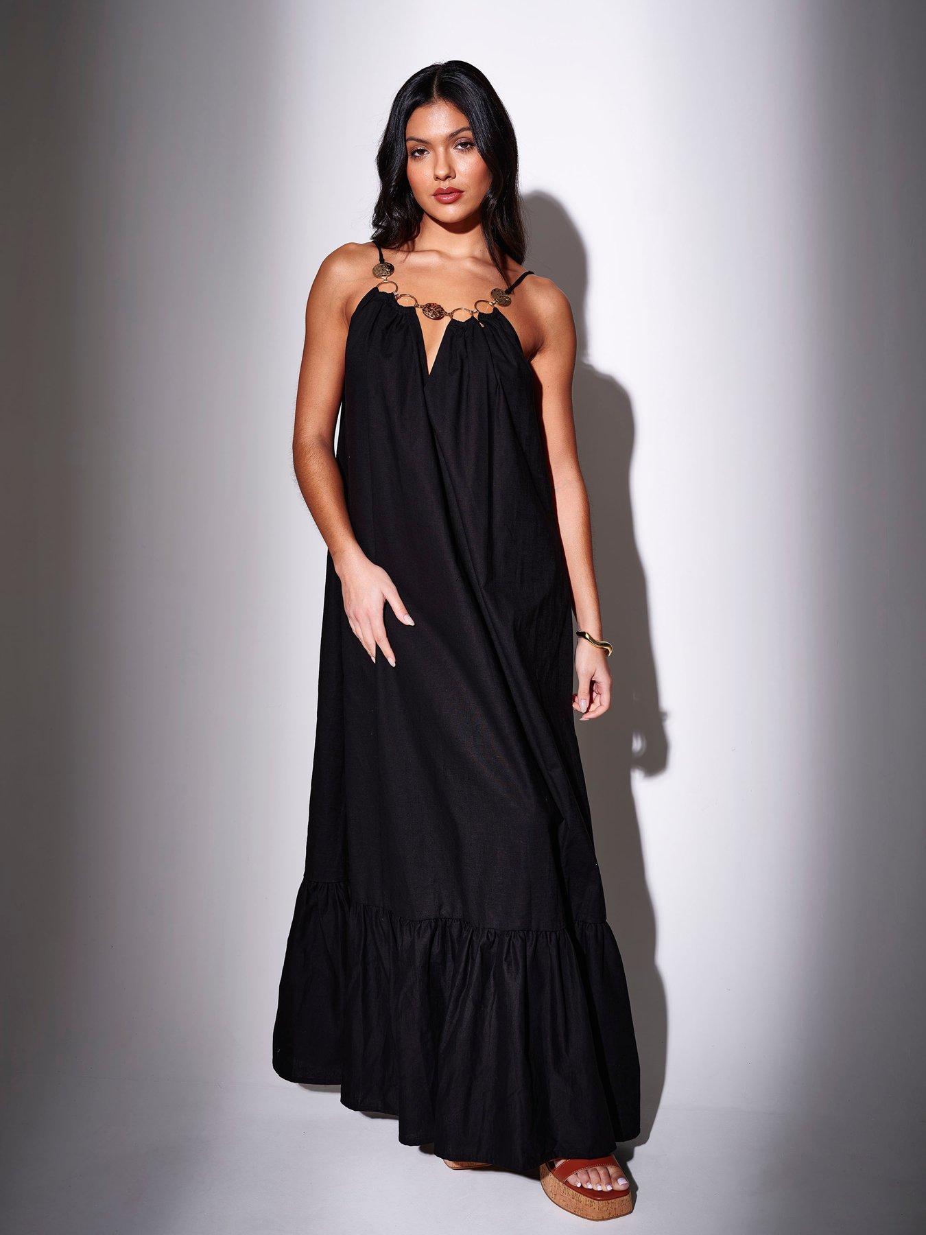 Image 1 of 4 of South Beach Exclusive Metallic Ring Detail Maxi Dress - Black