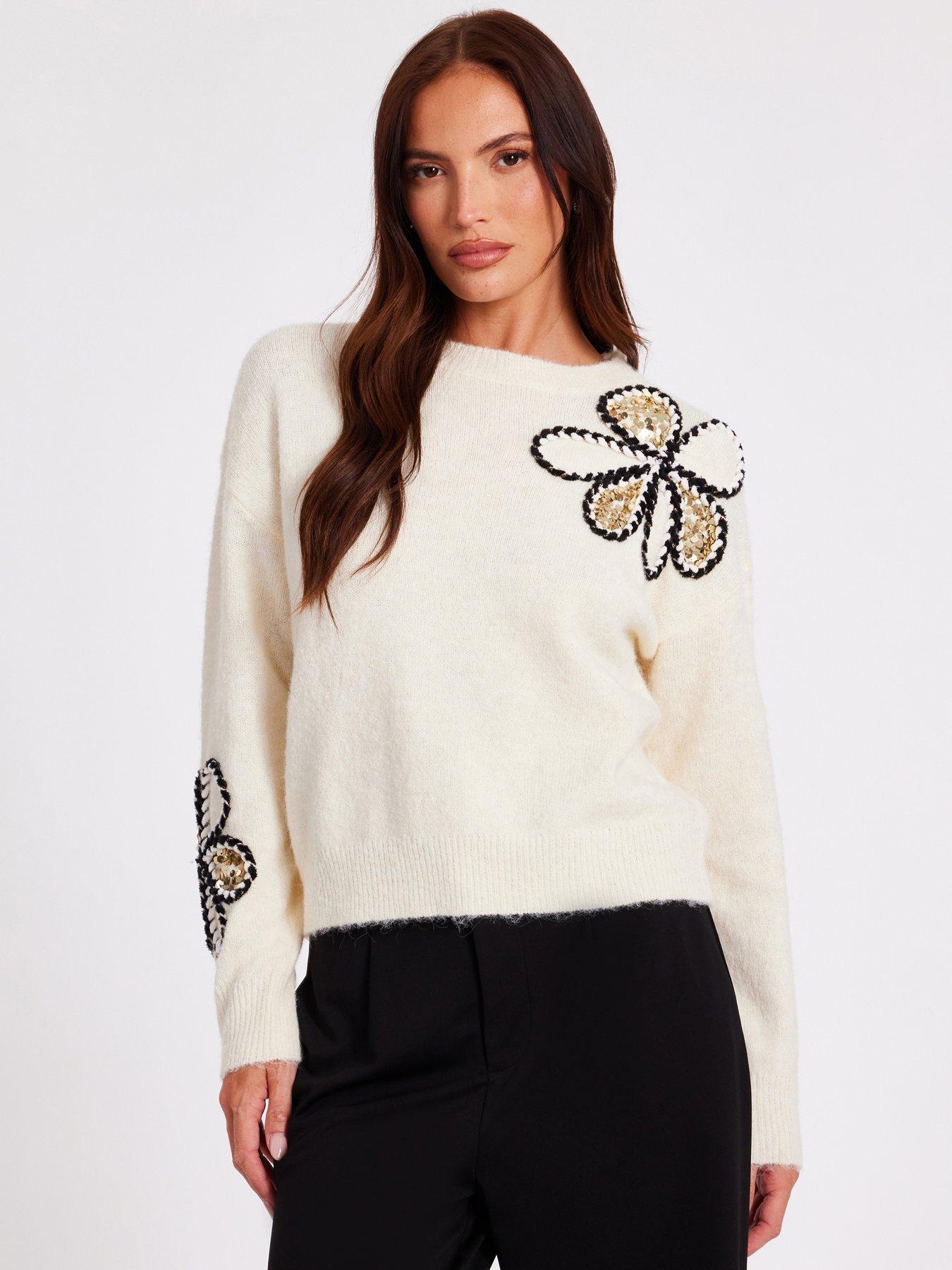 image of quiz-cream-knitted-floral-jumper