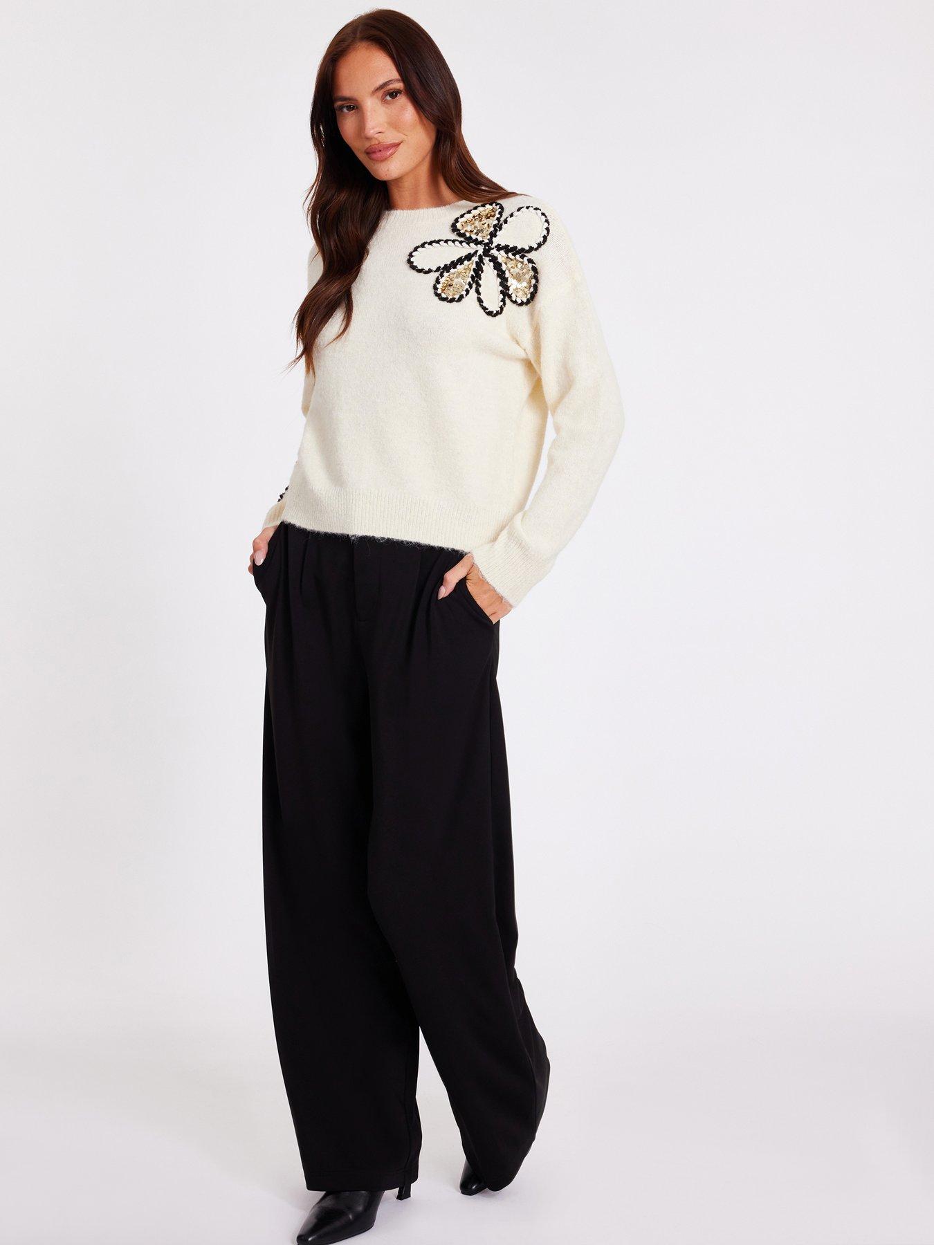 image of quiz-cream-knitted-floral-jumper