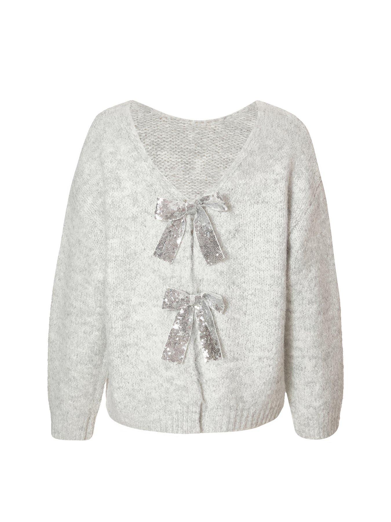 Quiz Grey Sequin Bow Cardigan