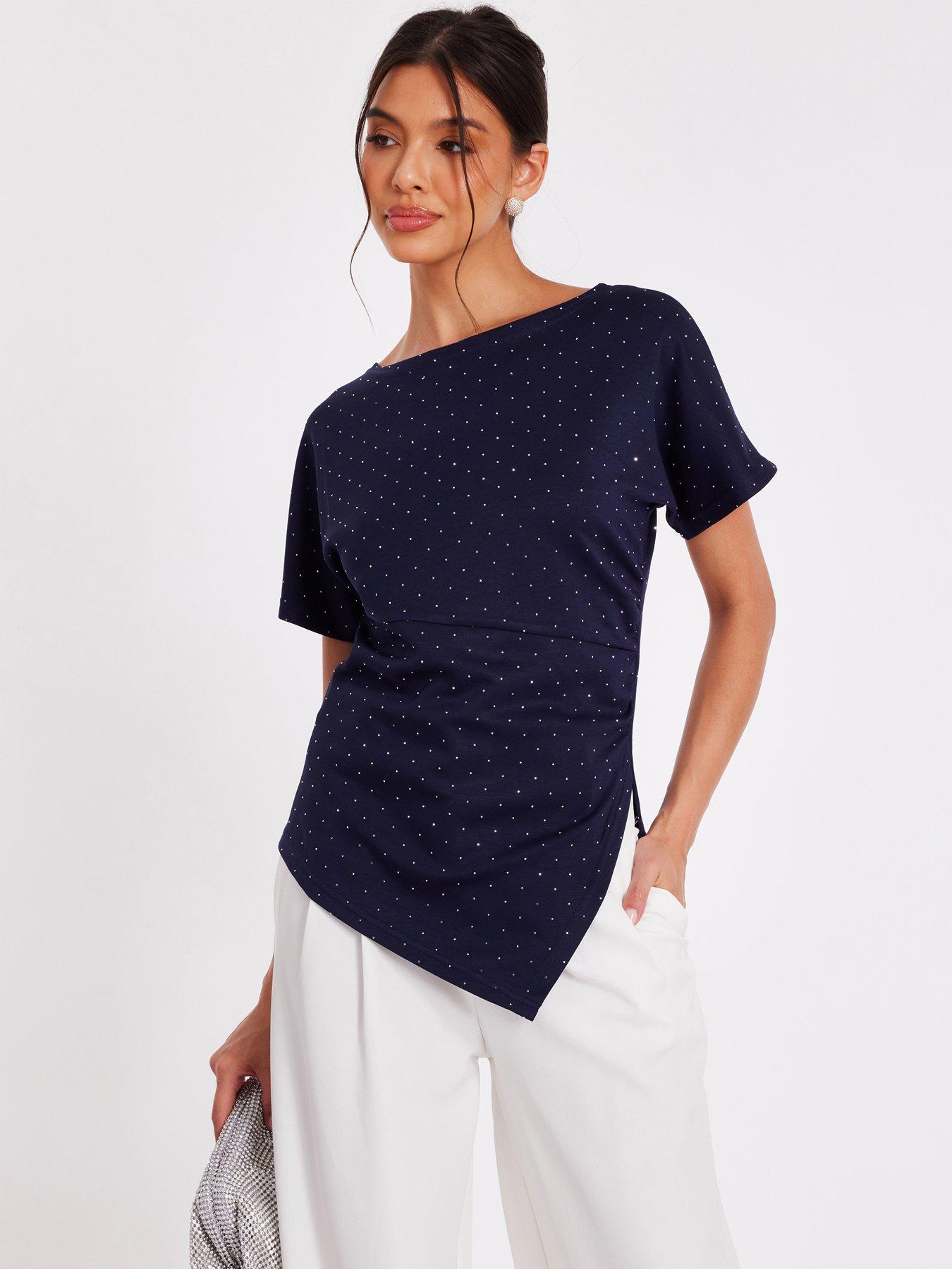 Quiz Navy Diamante Short Sleeve Top