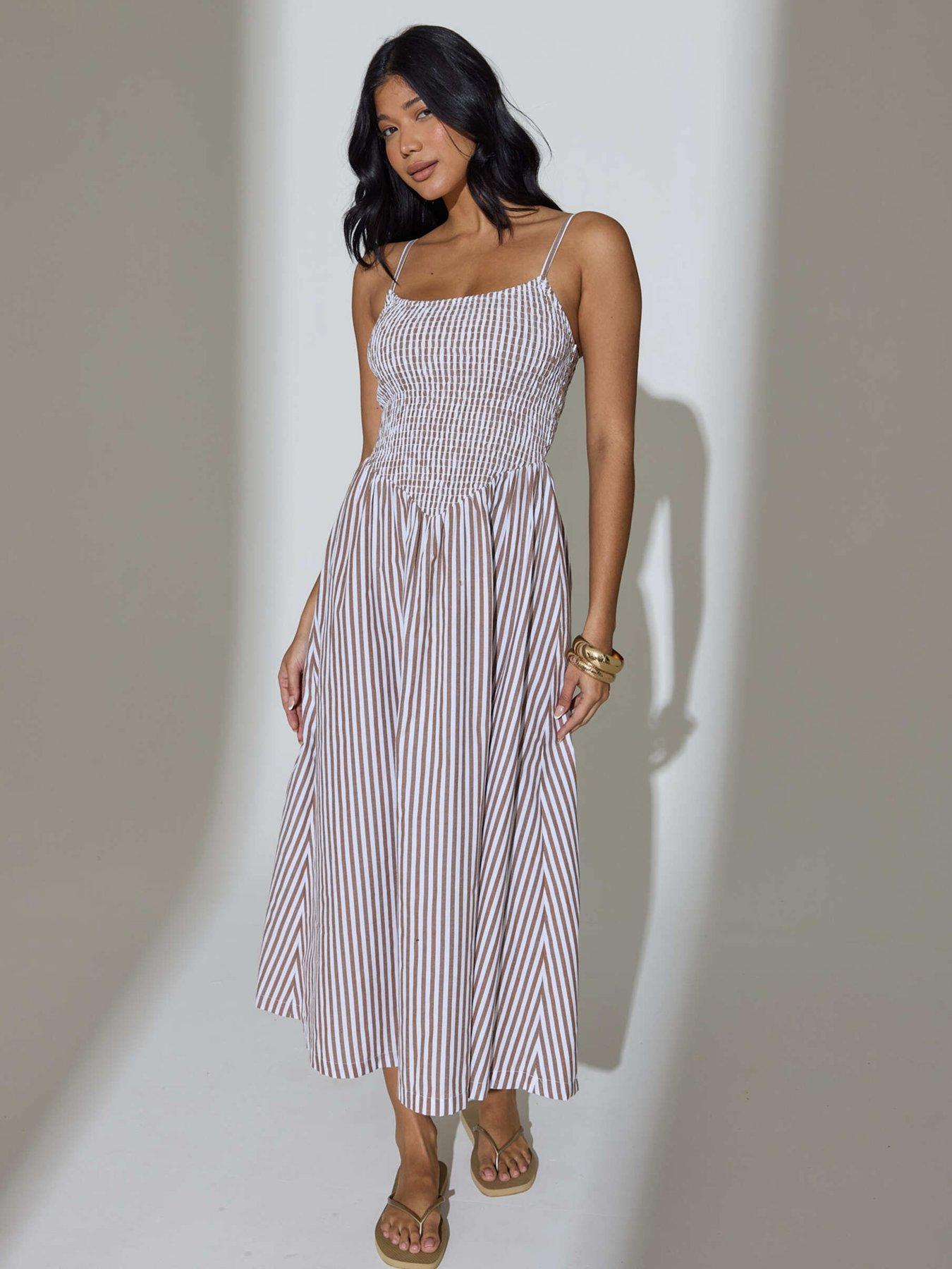 South Beach South Beach Stripe Smocked Maxi Dress-brown