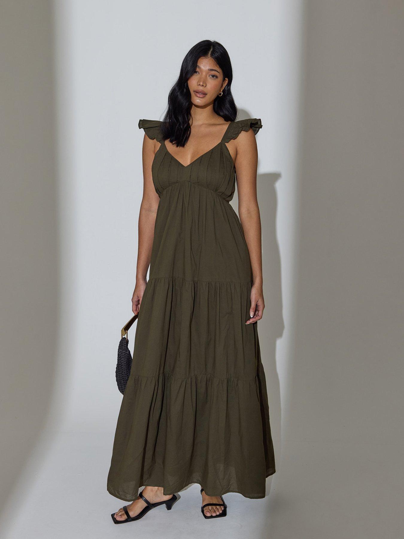 South Beach Frill Sleeve Tiered Maxi Dress - Green