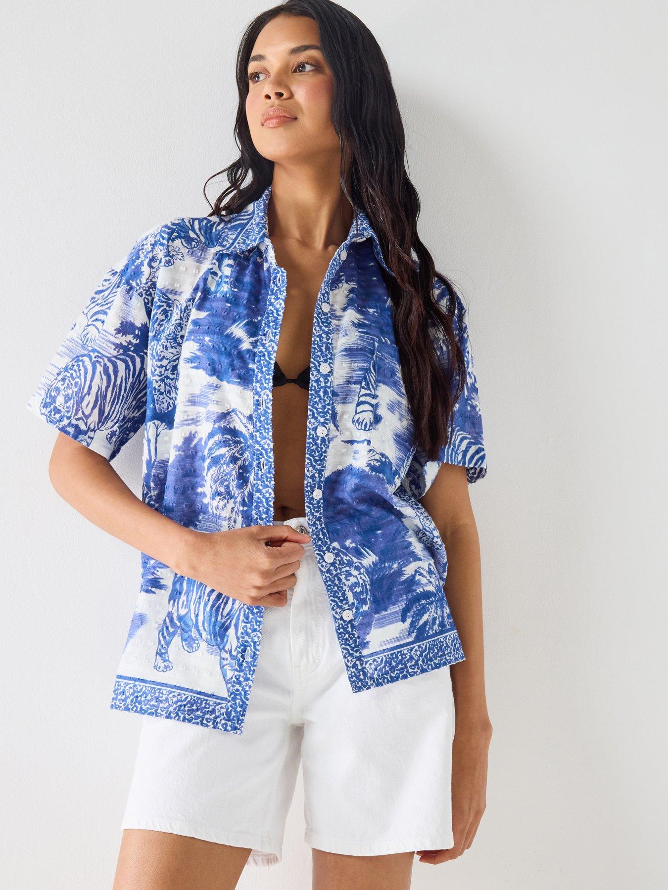 South Beach Leopard Printed Short Sleeve Shirt- Blue