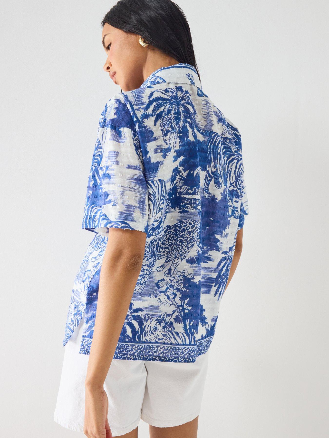 Image 2 of 6 of South Beach Leopard Printed Short Sleeve Shirt- Blue
