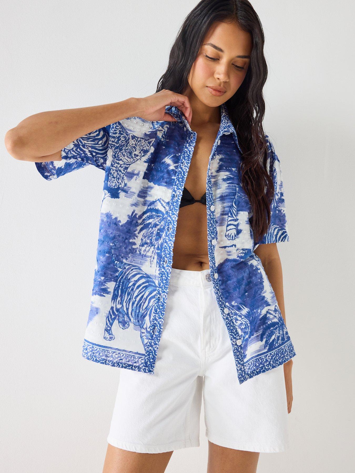 Image 5 of 6 of South Beach Leopard Printed Short Sleeve Shirt- Blue