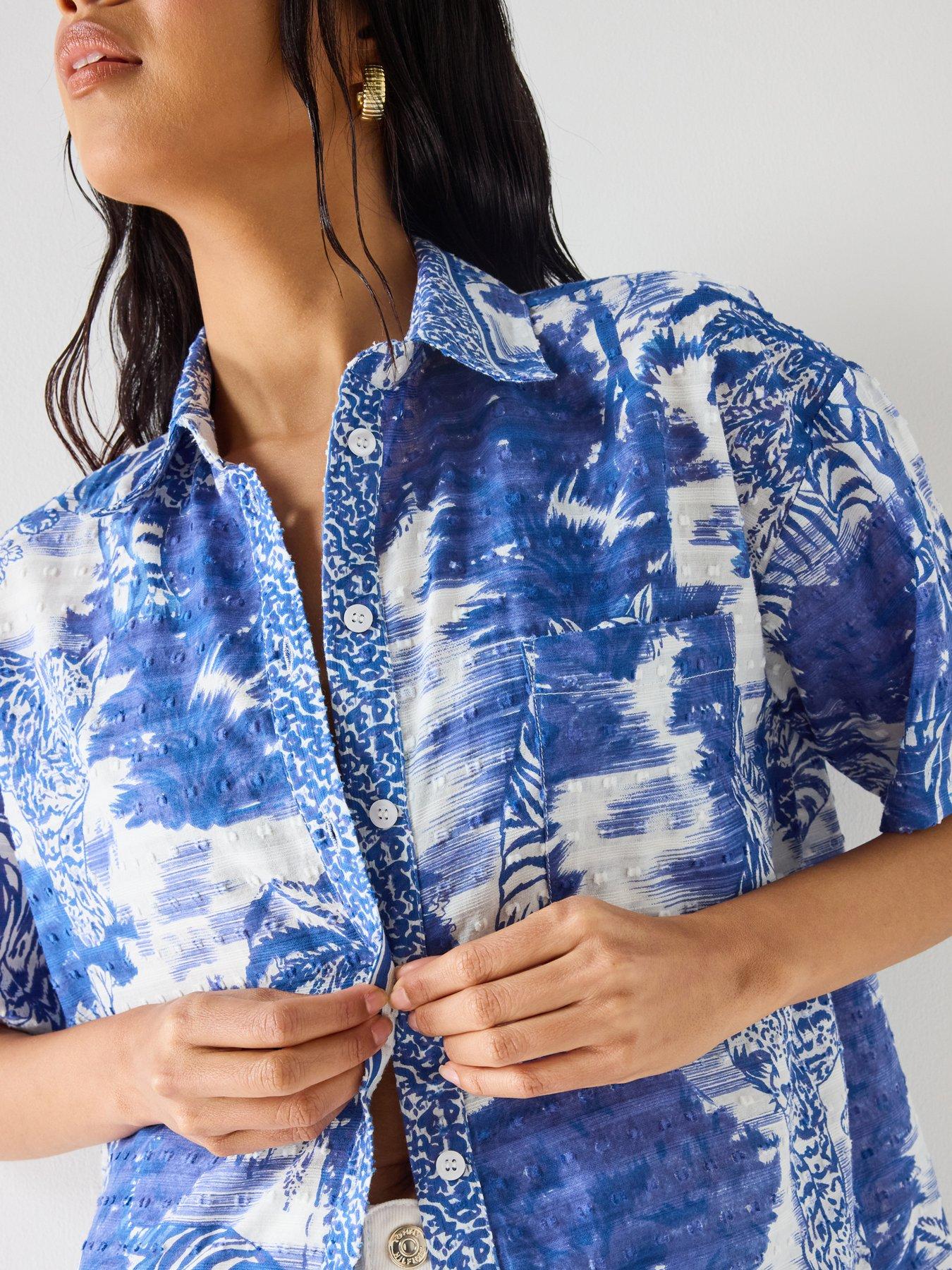 Image 6 of 6 of South Beach Leopard Printed Short Sleeve Shirt- Blue