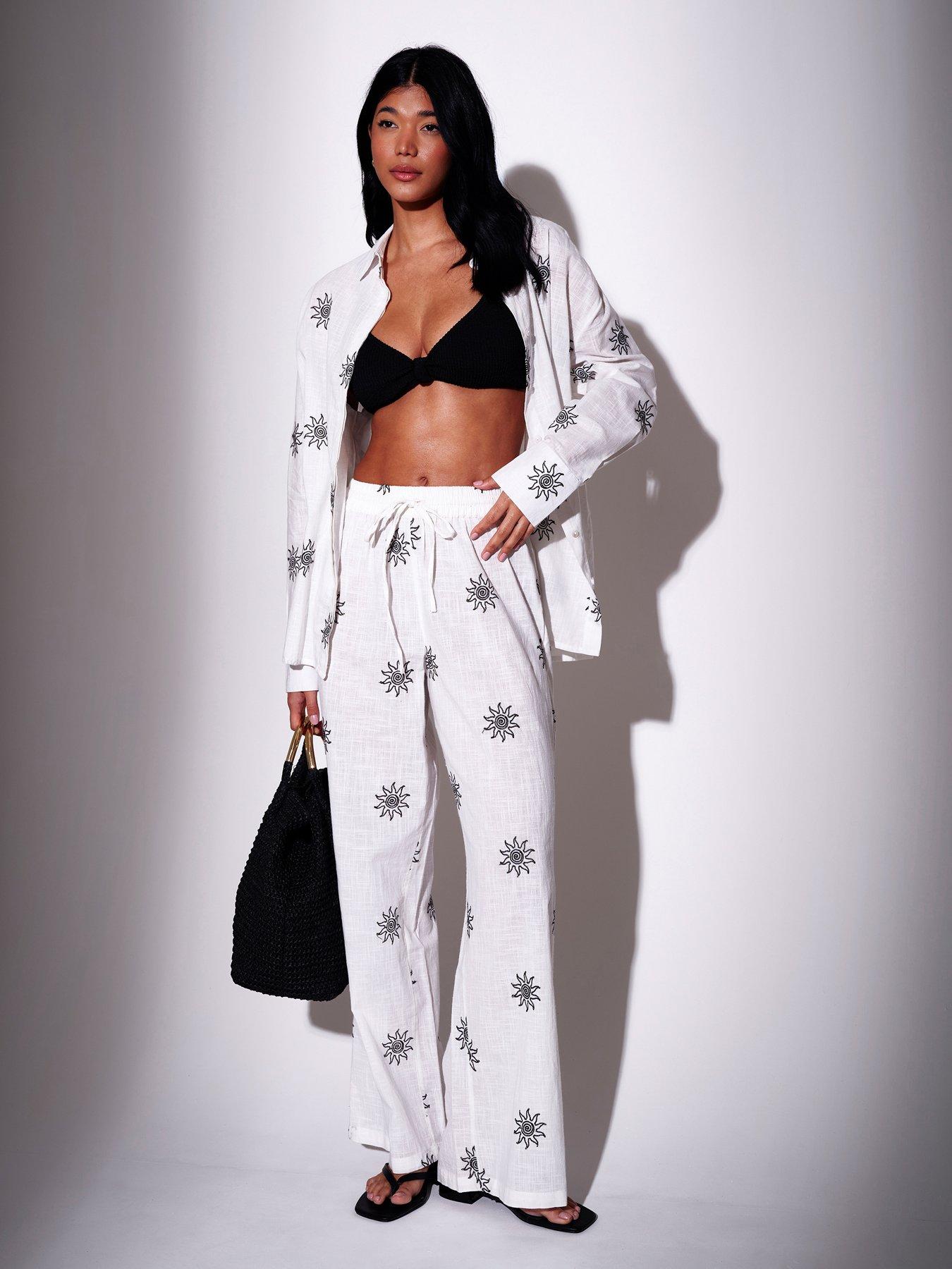 South Beach Embroidered Celestial Sun Wide Leg Trousers  -White