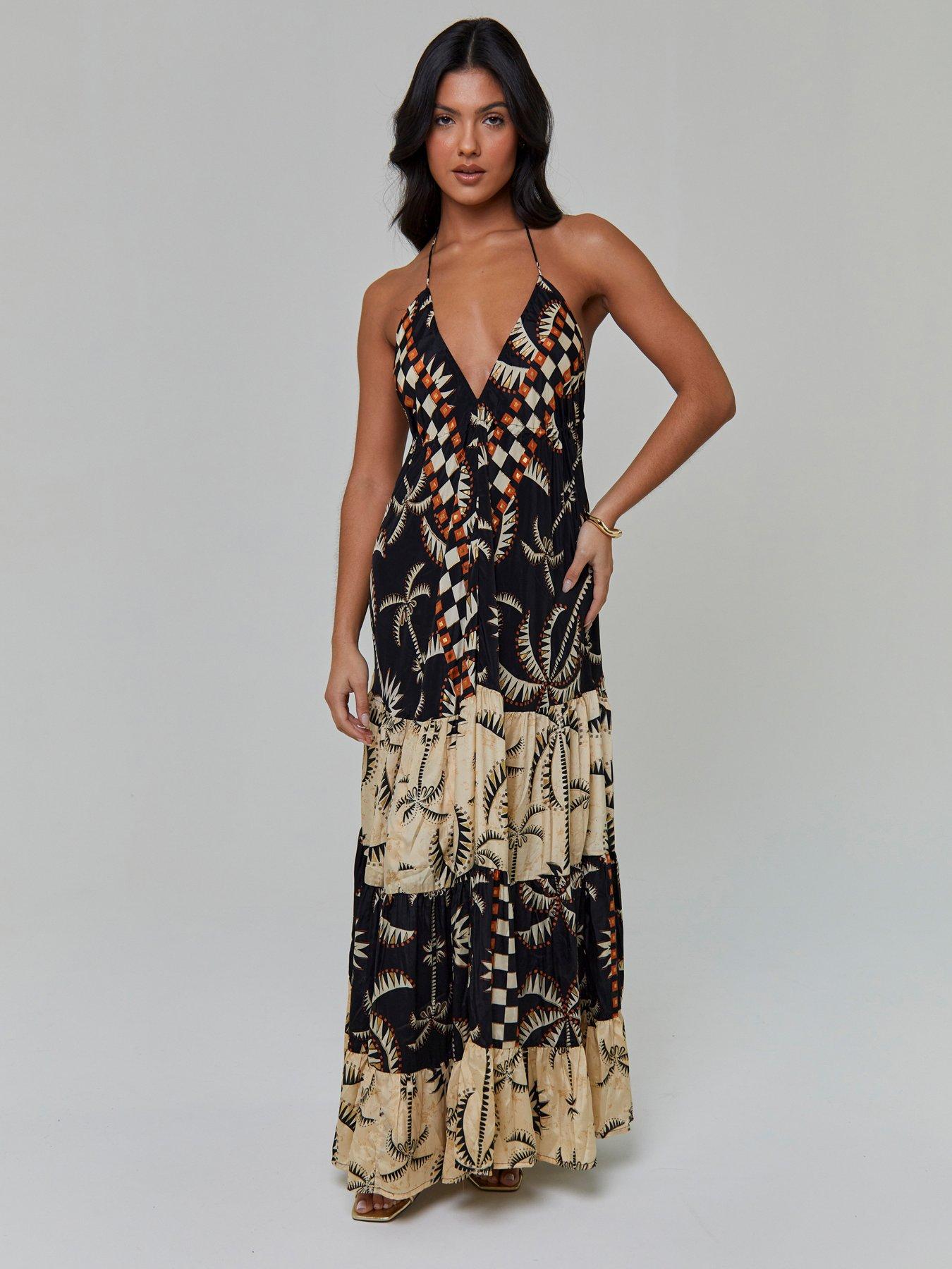 South Beach Printed Halterneck Low Back Tiered Maxi Dress-multi