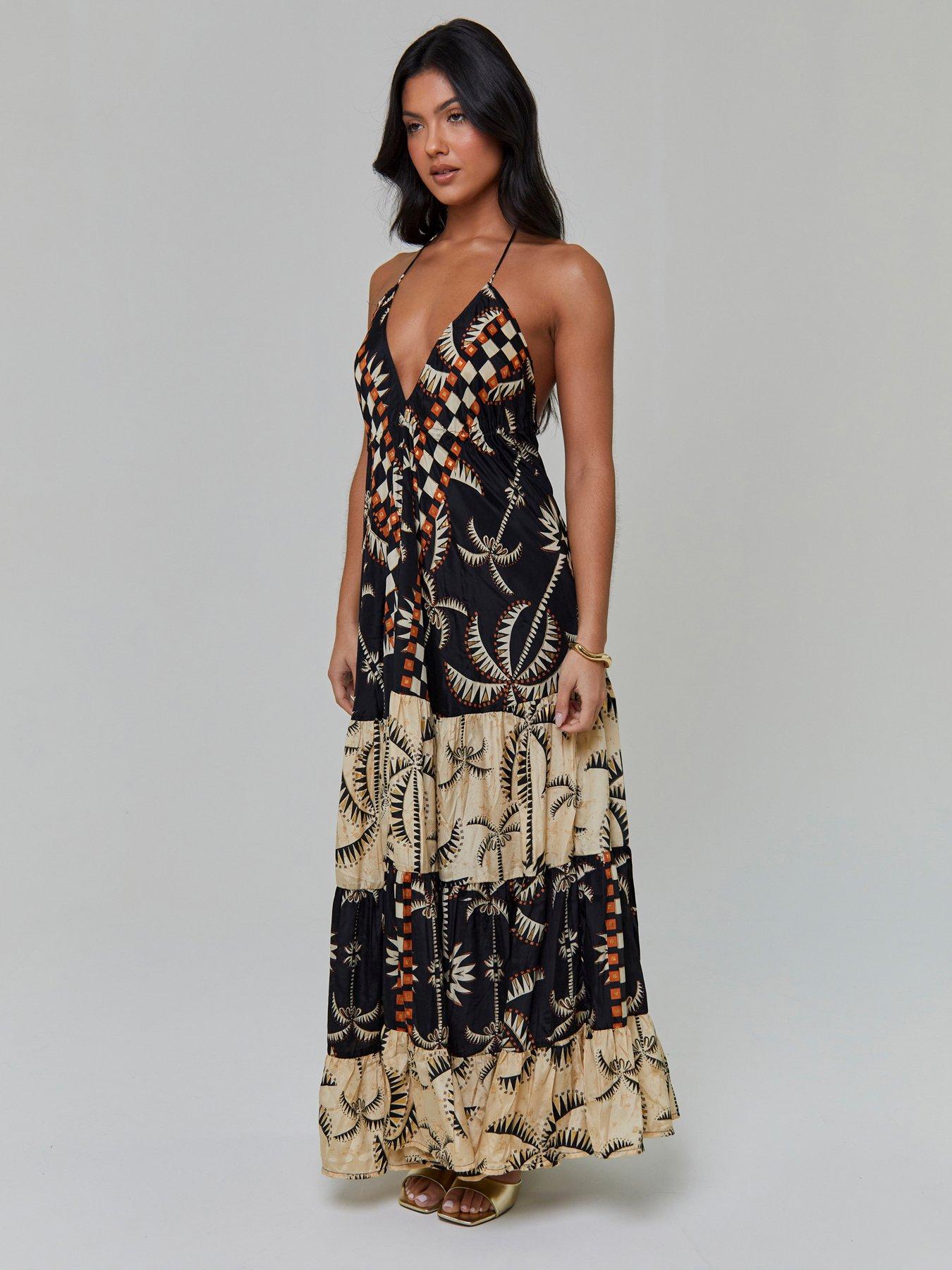  image of south-beach-printed-halterneck-low-back-tiered-maxi-dress-multi