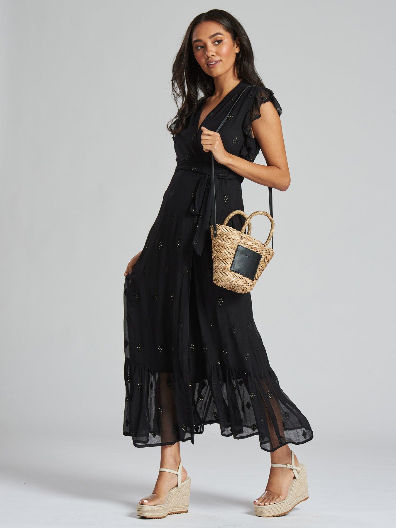 South Beach Sequin Detail Wrap Midi Dress - Black