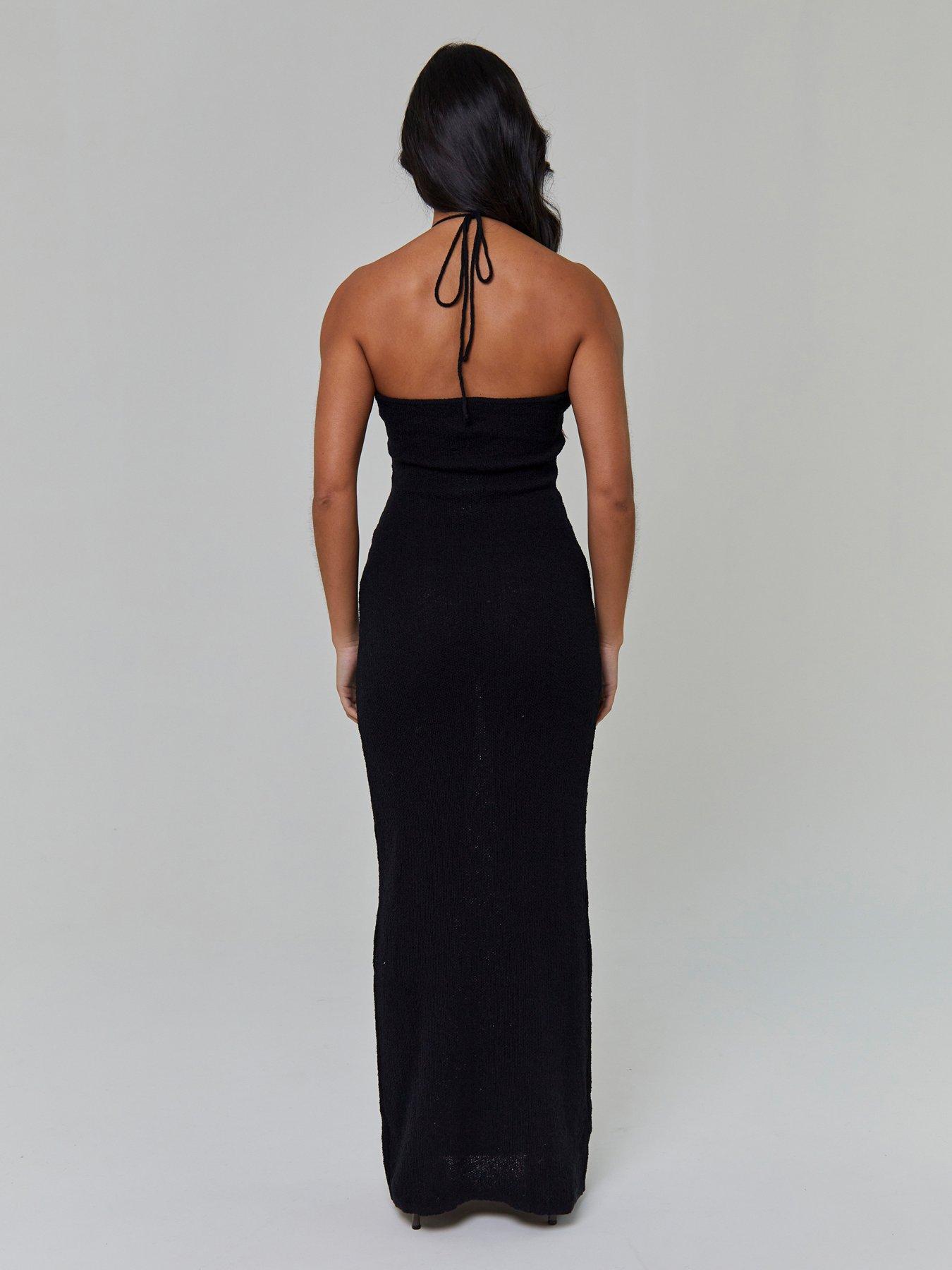 Image 2 of 3 of South Beach Knitted Halterneck Cut-Out Detail Maxi Dress - Black