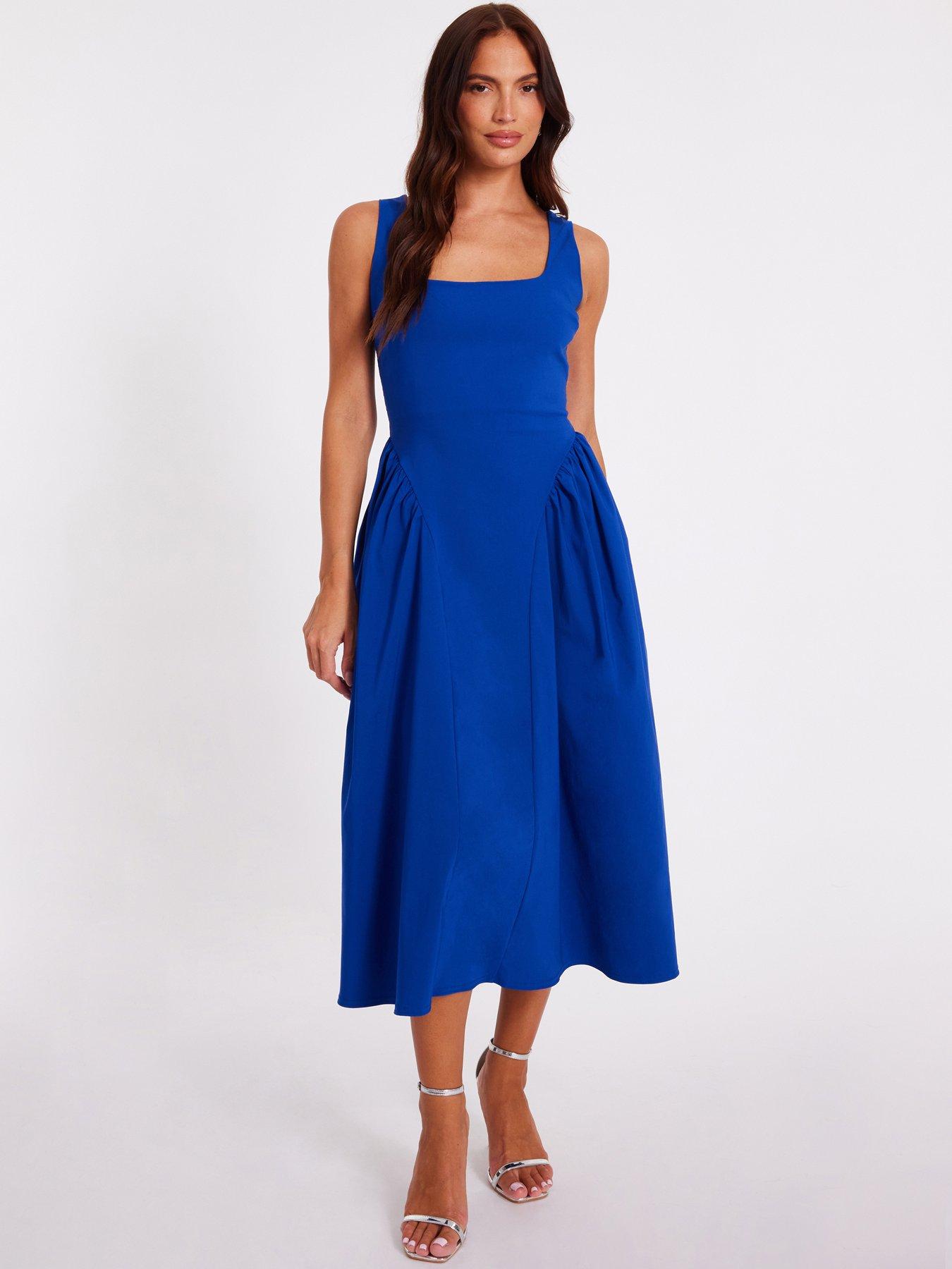 Image 1 of 6 of Quiz Royal Blue Gathered Side Midi Dress