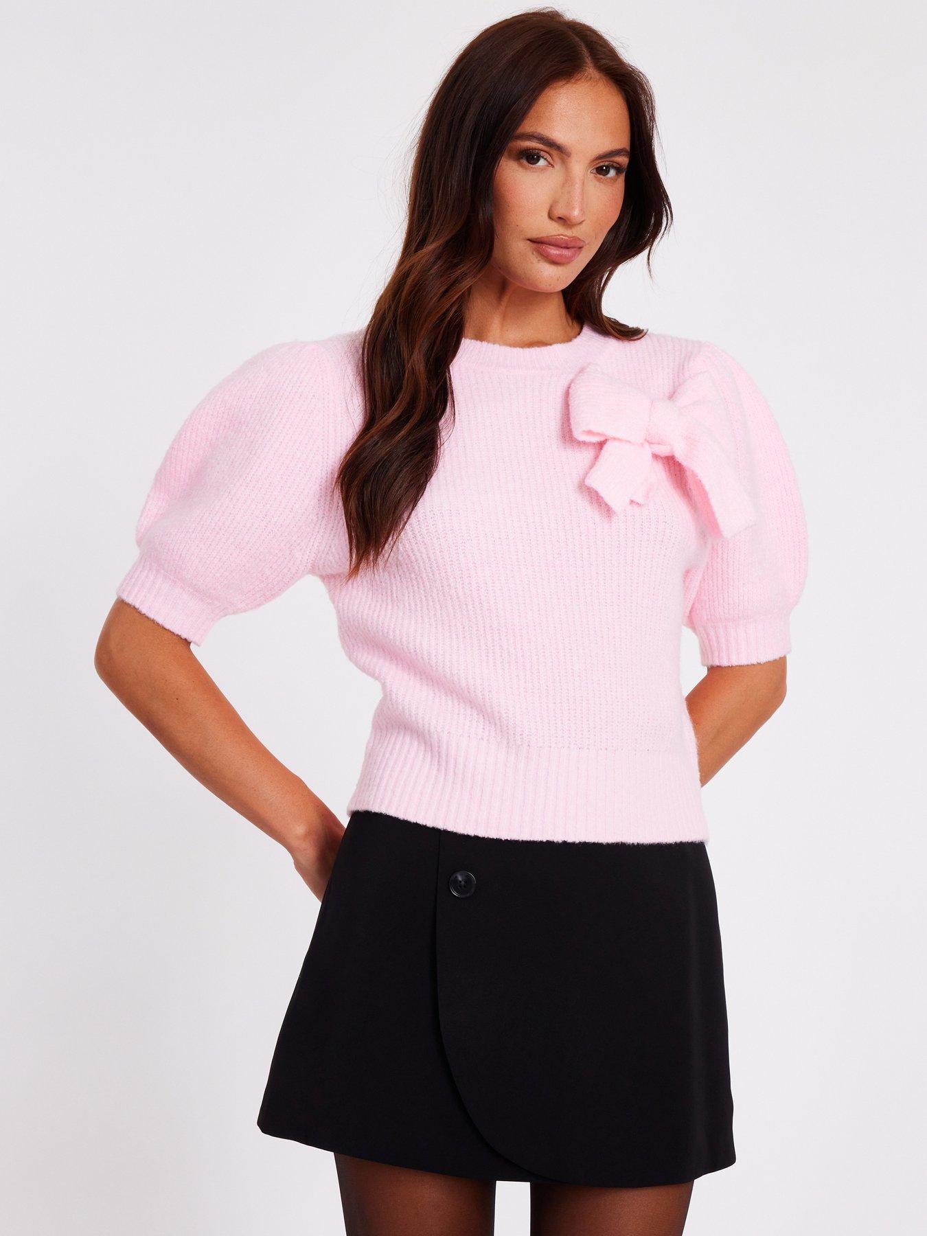 Image 1 of 6 of Quiz Pink Puff Sleeve Knit Jumper