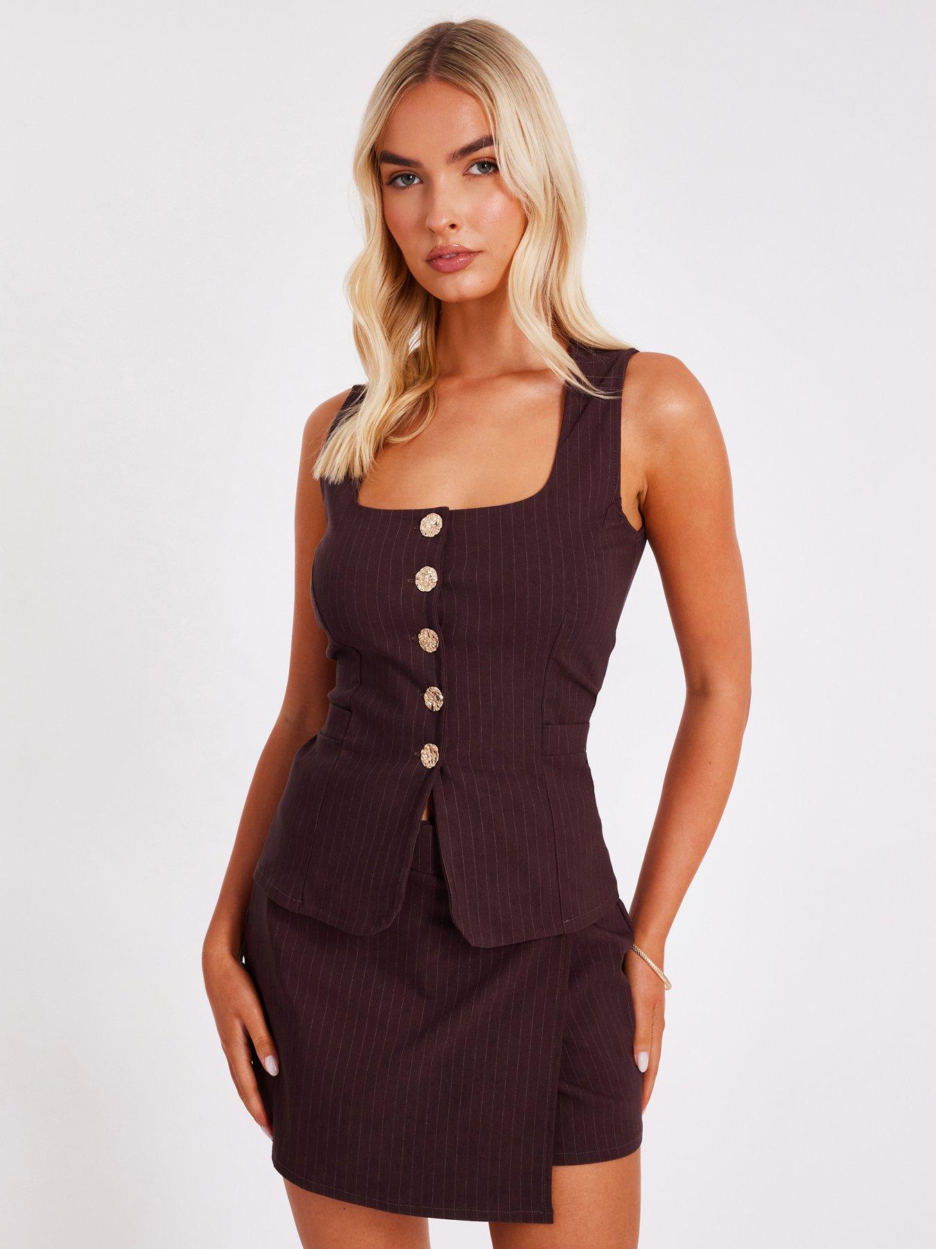 Image 1 of 6 of Quiz Brown Pinstripe Button Front Waistcoat