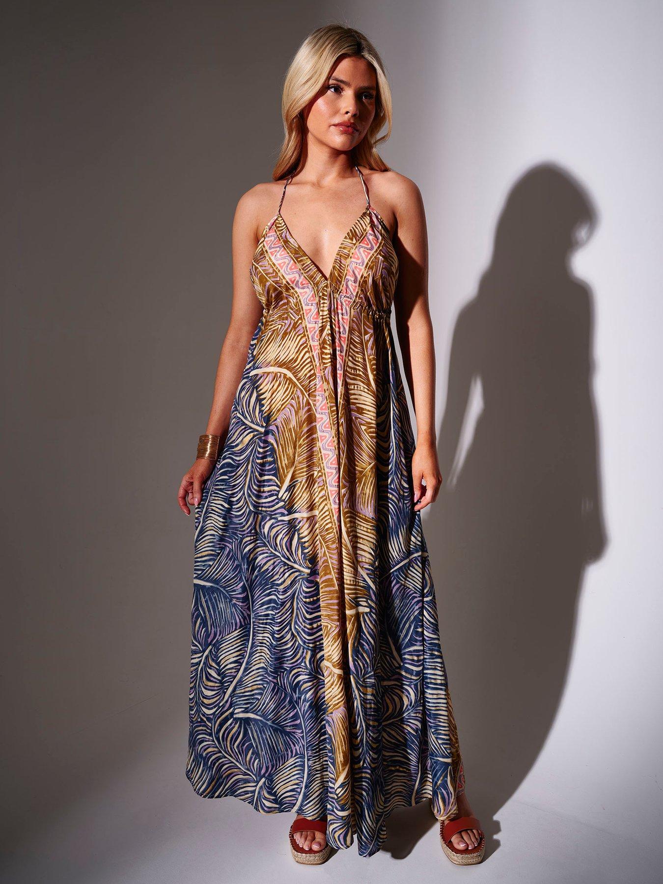 Image 2 of 5 of South Beach Printed Halterneck V-Neck Maxi Dress- Multi
