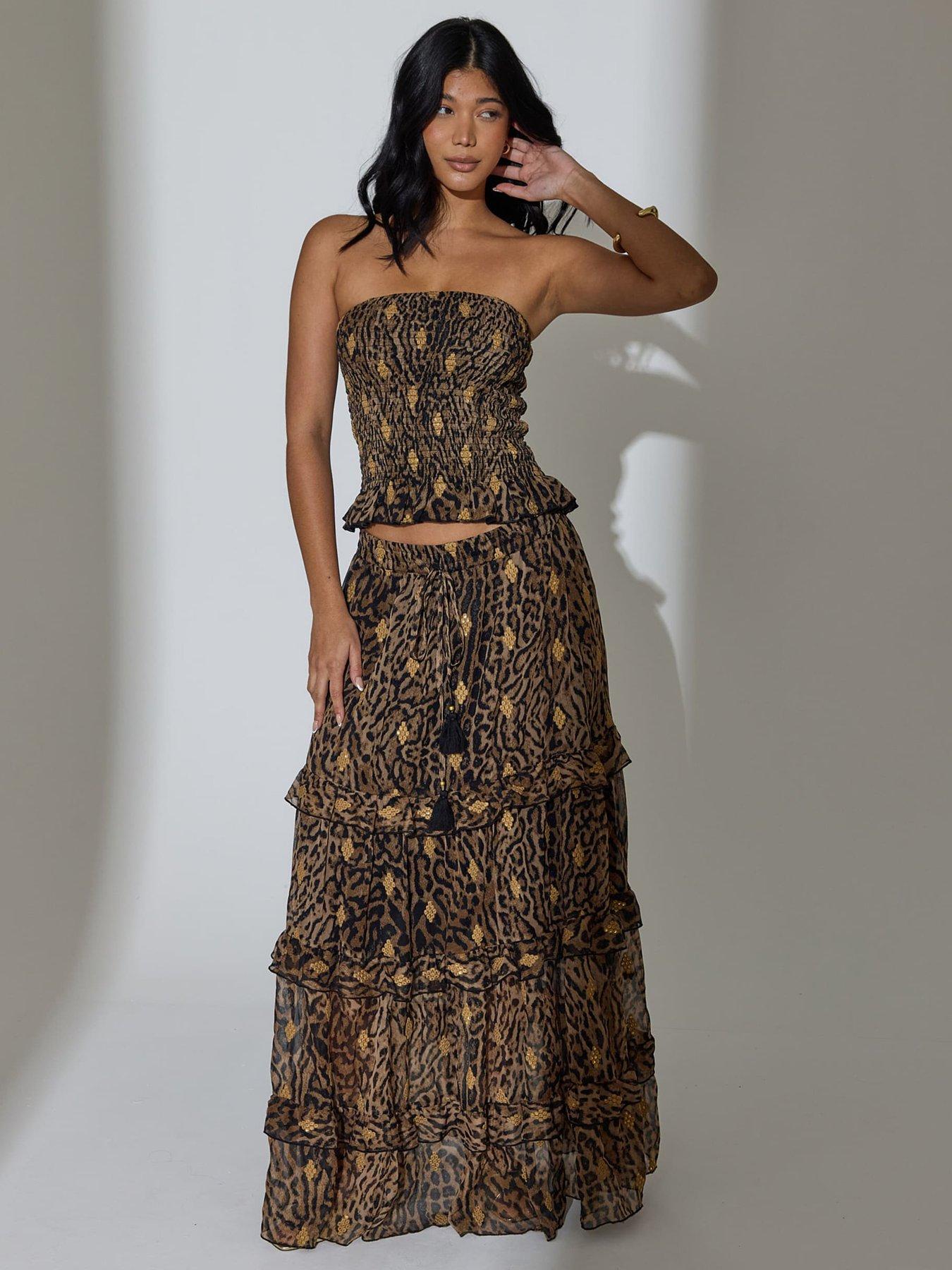 South Beach Smocked Sequin Embroidered Bandeau Top - Leopard Print