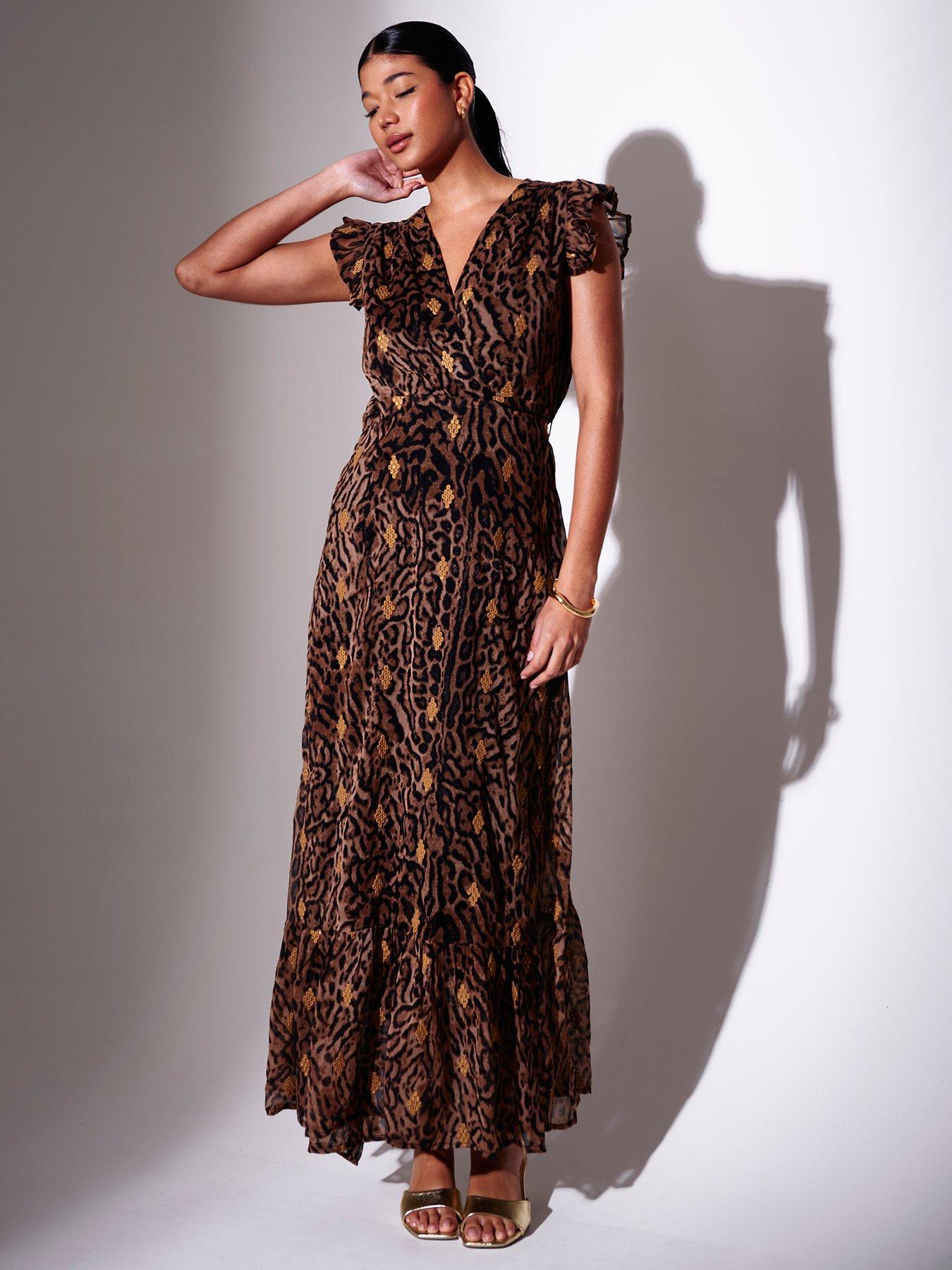 Image 1 of 2 of South Beach V-Neck Wrap Sequin Embroidered Maxi Dress - Leopard Print
