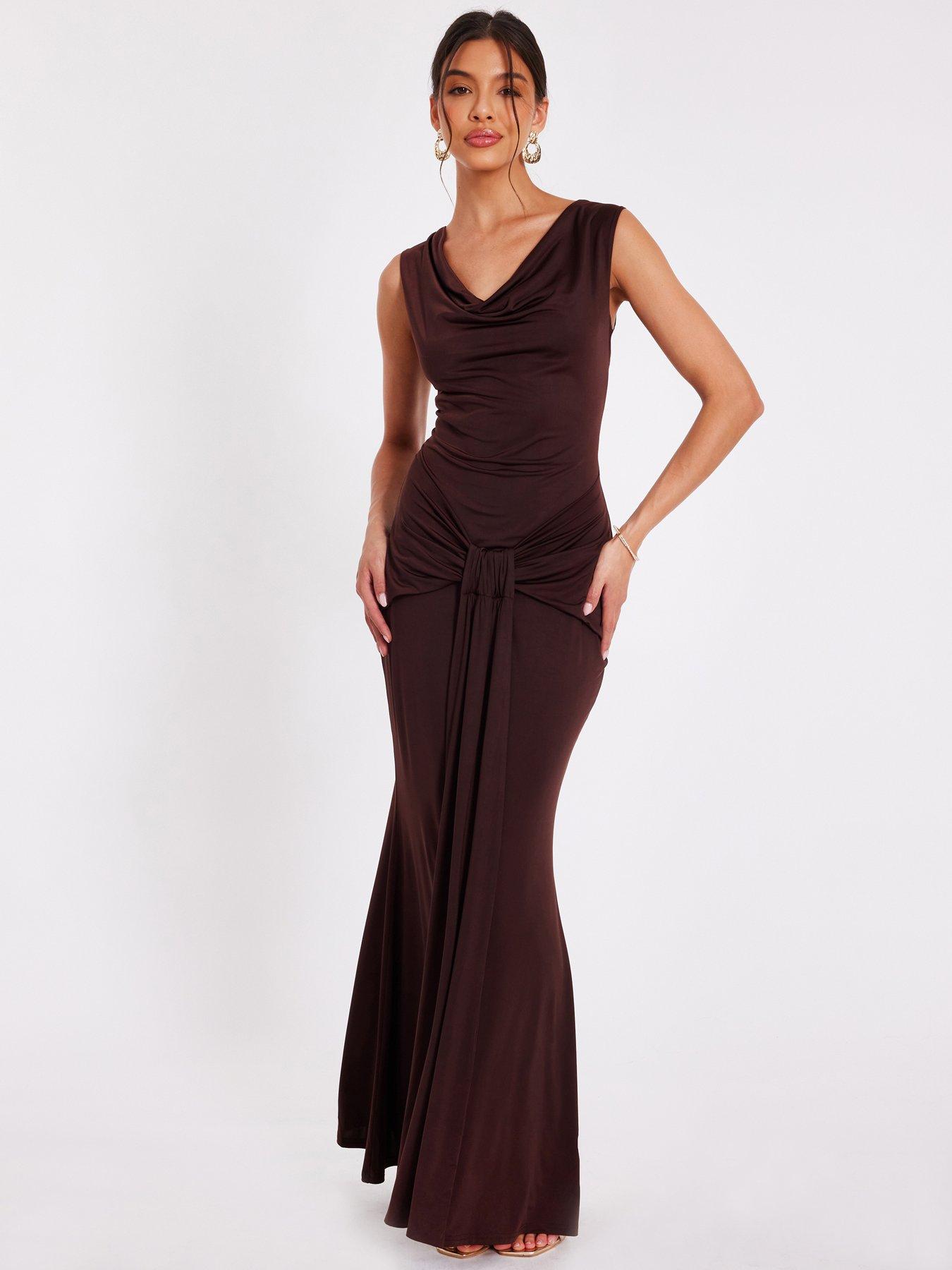 Quiz Brown Draped Cowl Neck Maxi Dress