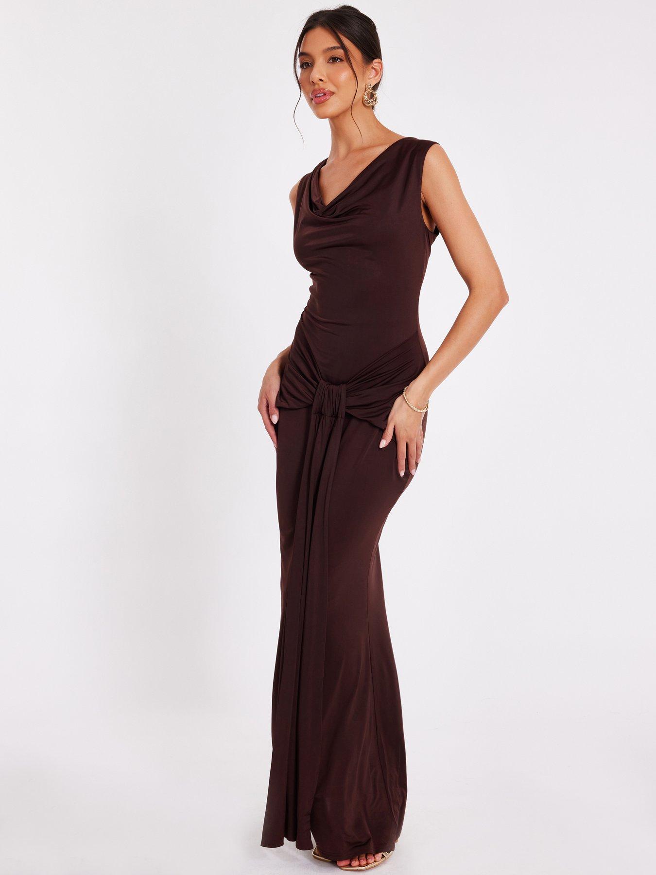  image of quiz-brown-draped-cowl-neck-maxi-dress