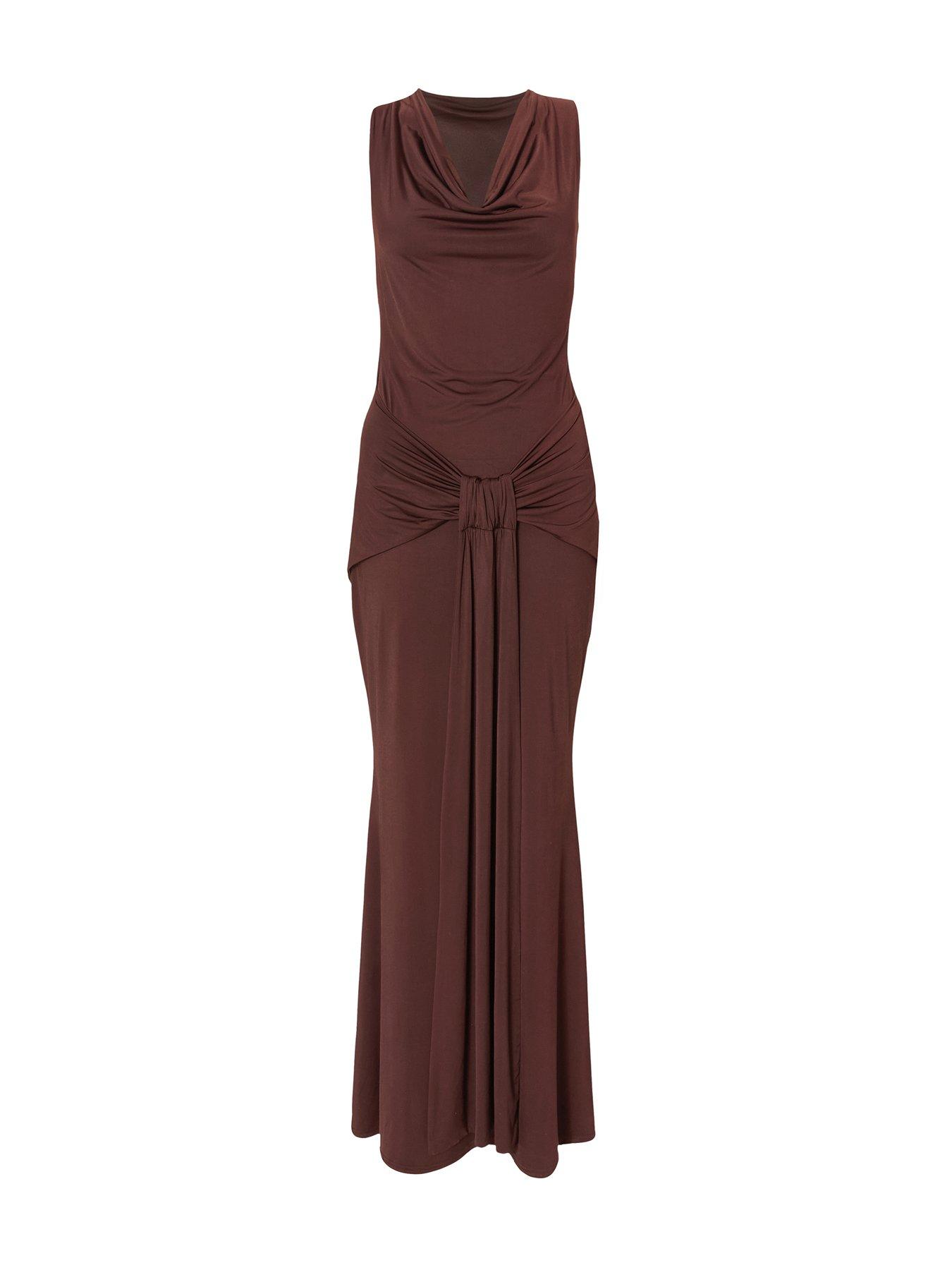  image of quiz-brown-draped-cowl-neck-maxi-dress
