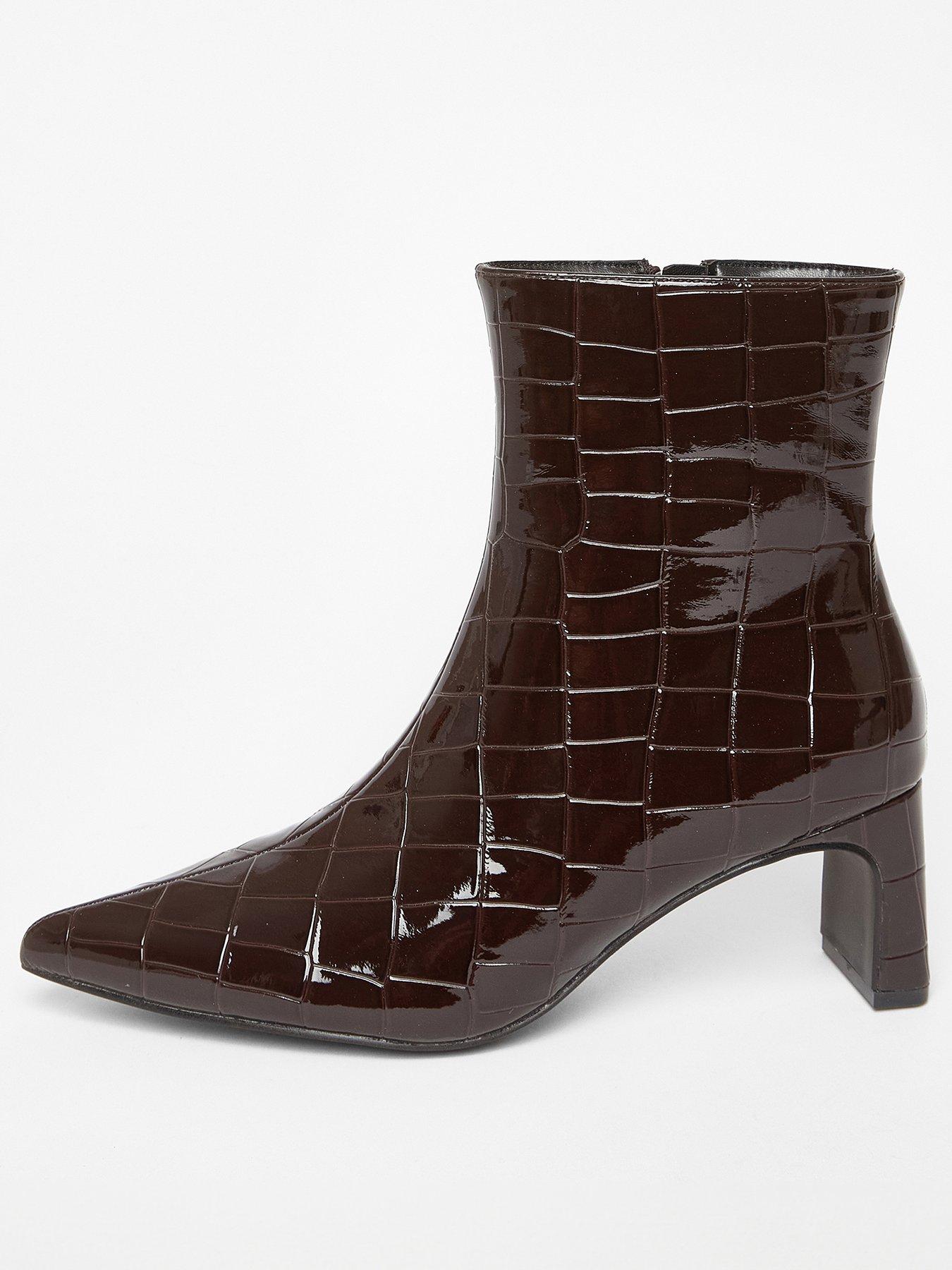 Quiz Brown Patent Croc Ankle Boots