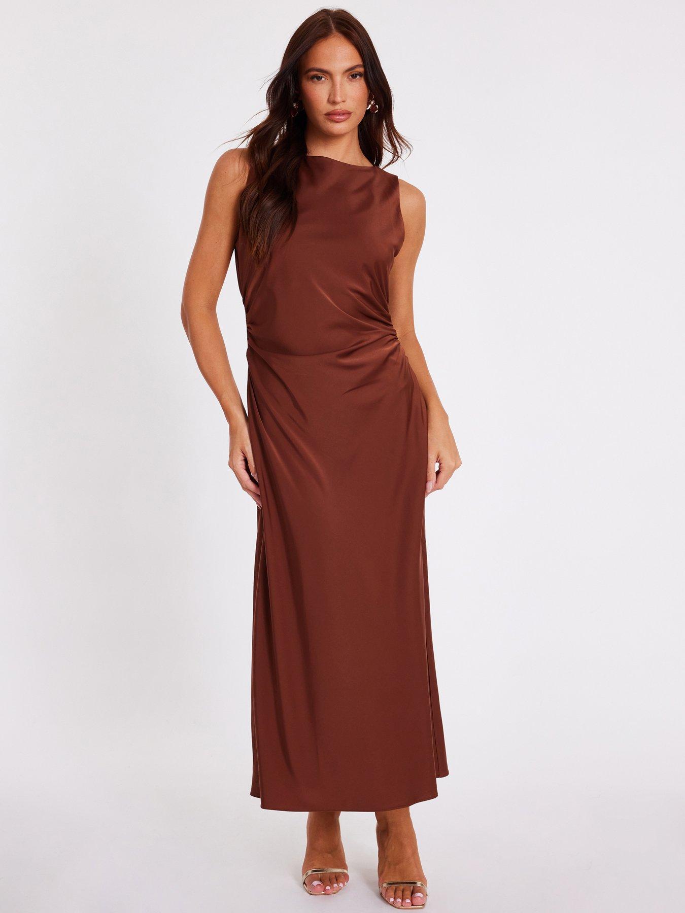  image of quiz-brown-satin-ruched-midi-dress