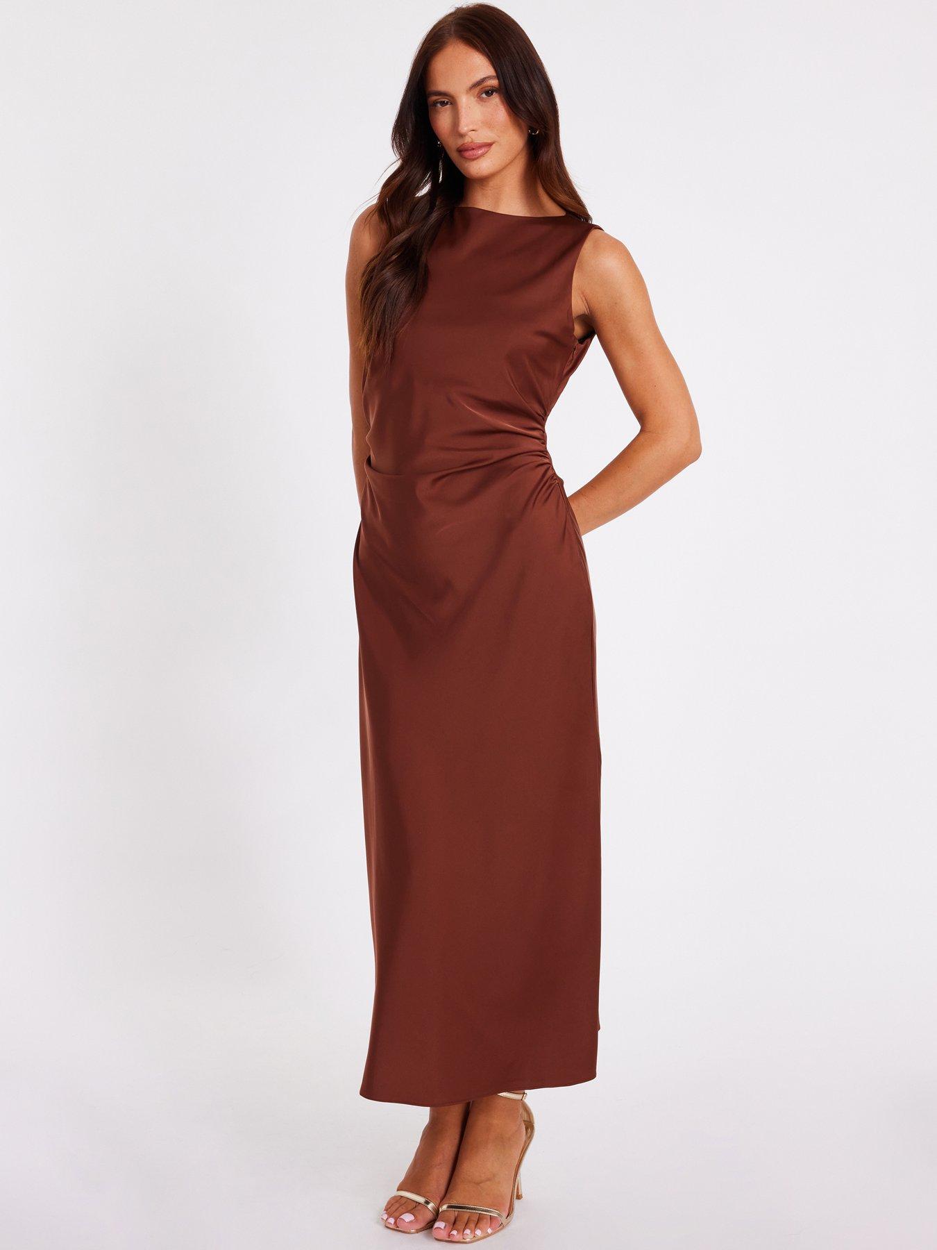  image of quiz-brown-satin-ruched-midi-dress
