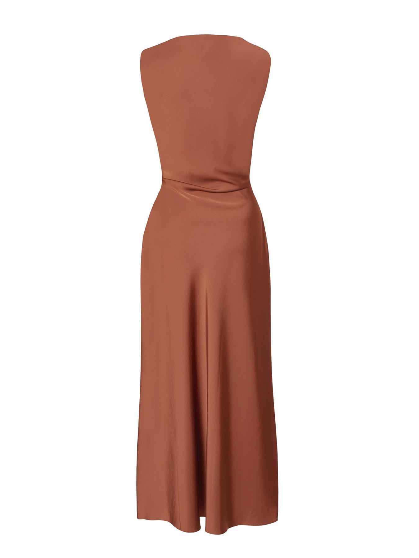  image of quiz-brown-satin-ruched-midi-dress