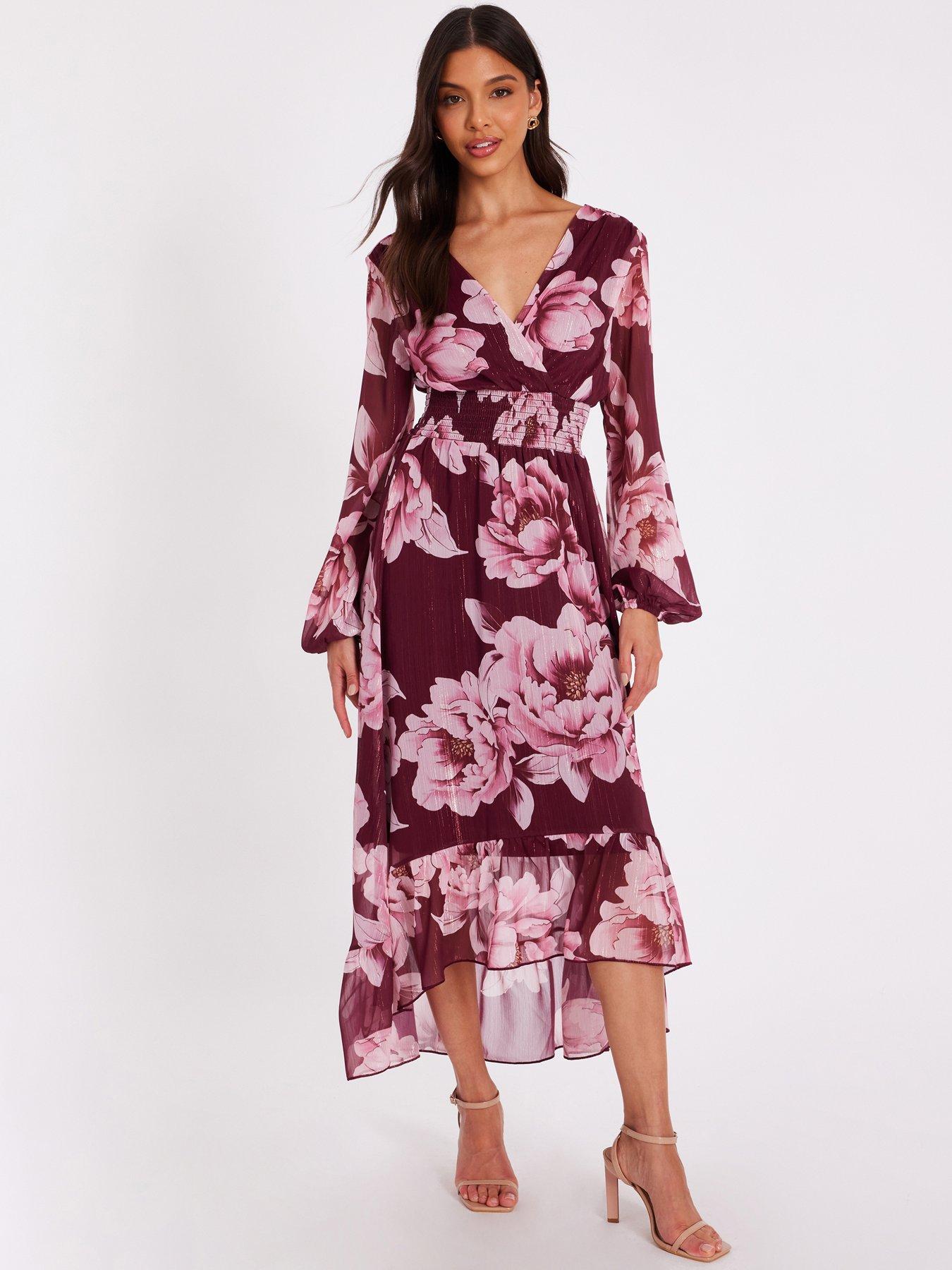 Quiz Dark Red Floral Dip Hem Dress