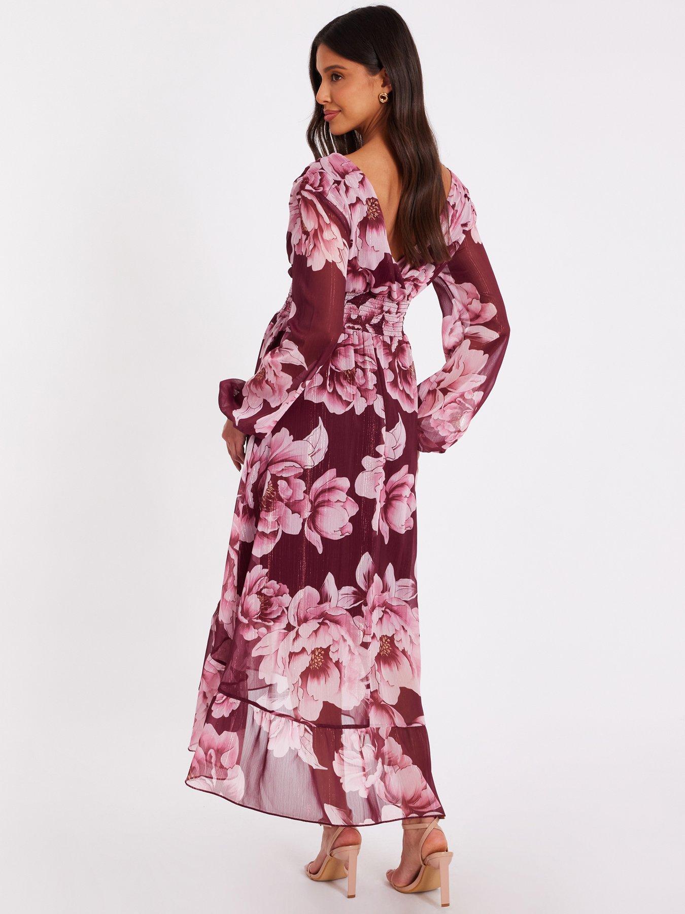  image of quiz-dark-red-floral-dip-hem-dress