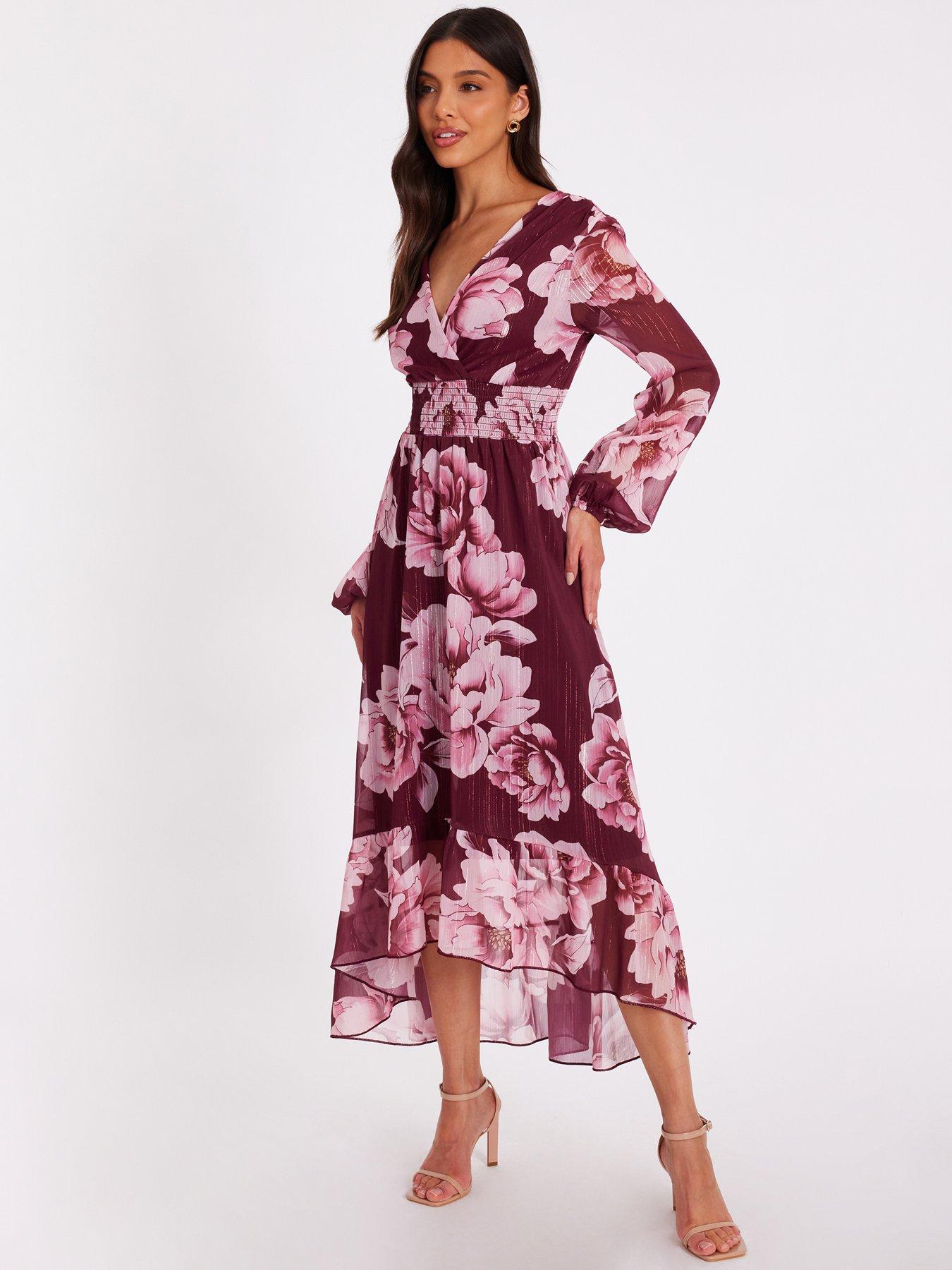  image of quiz-dark-red-floral-dip-hem-dress