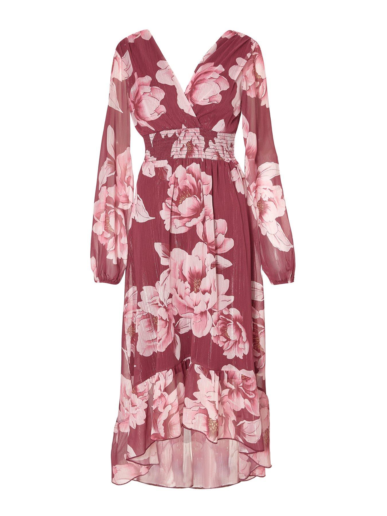  image of quiz-dark-red-floral-dip-hem-dress